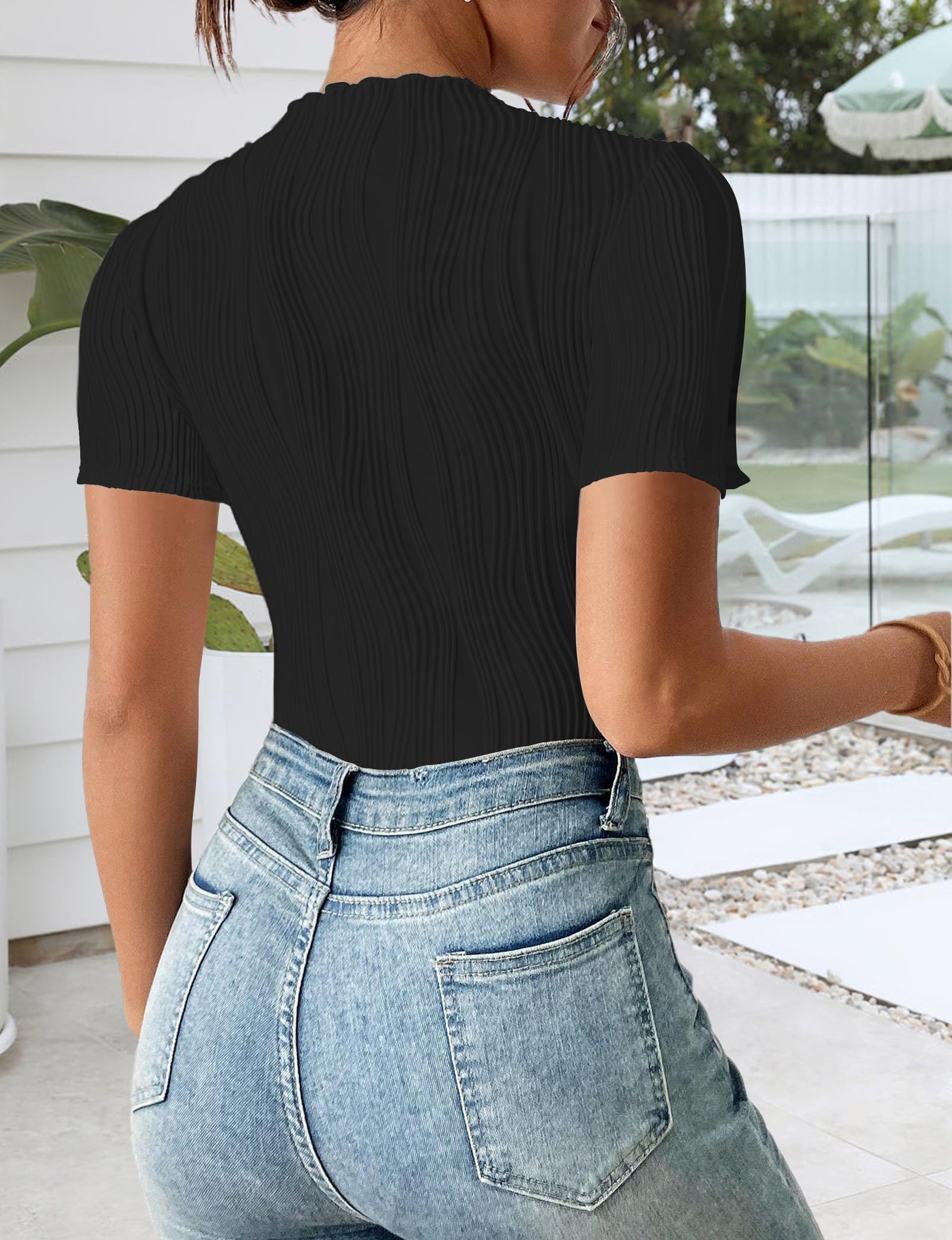 Women's Textured Fitted Bodysuit - Crewneck Short Sleeve Blouse | Sexy Summer Basic Tee for Work & Casual Outfits | Perfect for Office Wear, Date Nights & Summer Fashion 2024