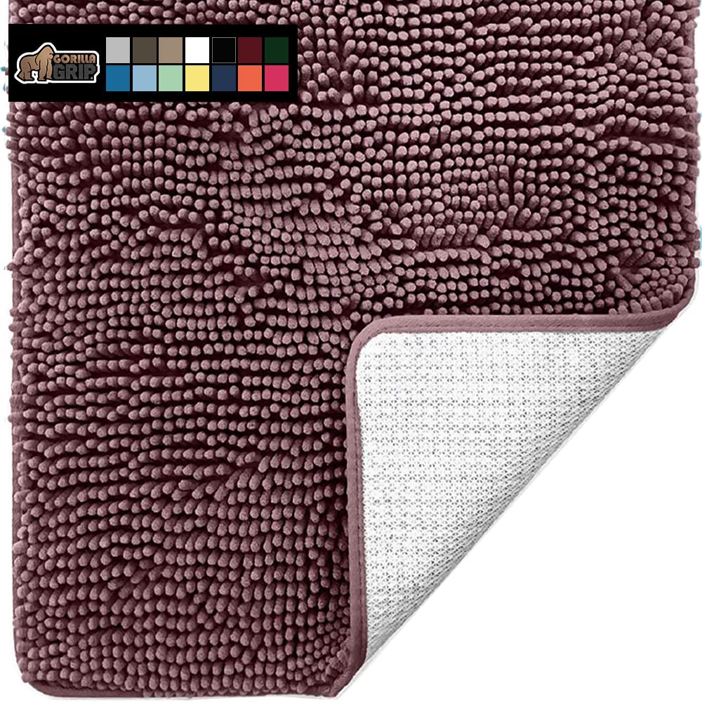 Gorilla Grip Bath Rug 36x24 Inch - Super Soft Absorbent Chenille Bath Mat with Non-Slip Rubber Backing | Quick-Dry Microfiber Shaggy Rug | Machine Washable & Durable for Bathroom, Shower & Bathtub Floor (Mauve) - Perfect for Cozy Bathrooms & Spa-Like Showers