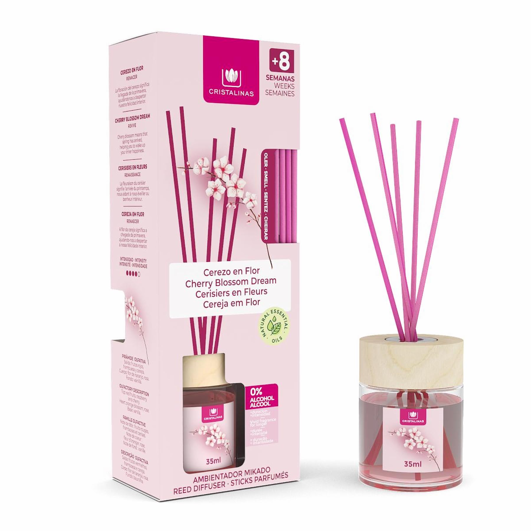 **35ml Cherry Blossom Reed Diffuser - Long-Lasting Home Fragrance (Up to 8 Weeks) - Aromatherapy Air Freshener for Living Room, Bedroom & Bathroom - Colored Fragrance Oil with Decorative Sticks**