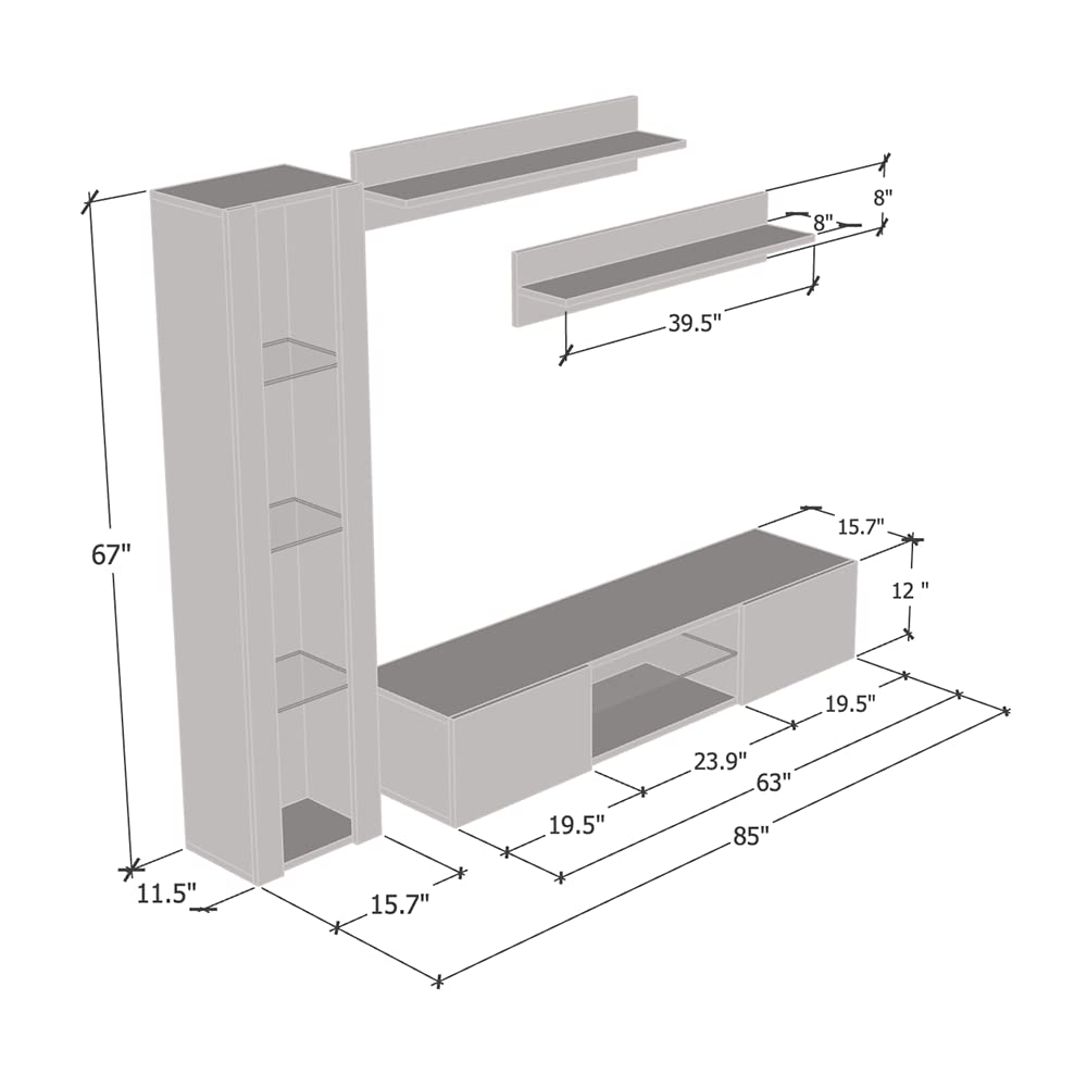 Modern G2 Gray Wall-Mounted TV Stand with Storage Shelves & LED Lights - Meble Fly G 33 Entertainment Center Console for Living Room & Bedroom - Perfect for Movie Nights, Gaming Setup and Space-Saving Home Decor