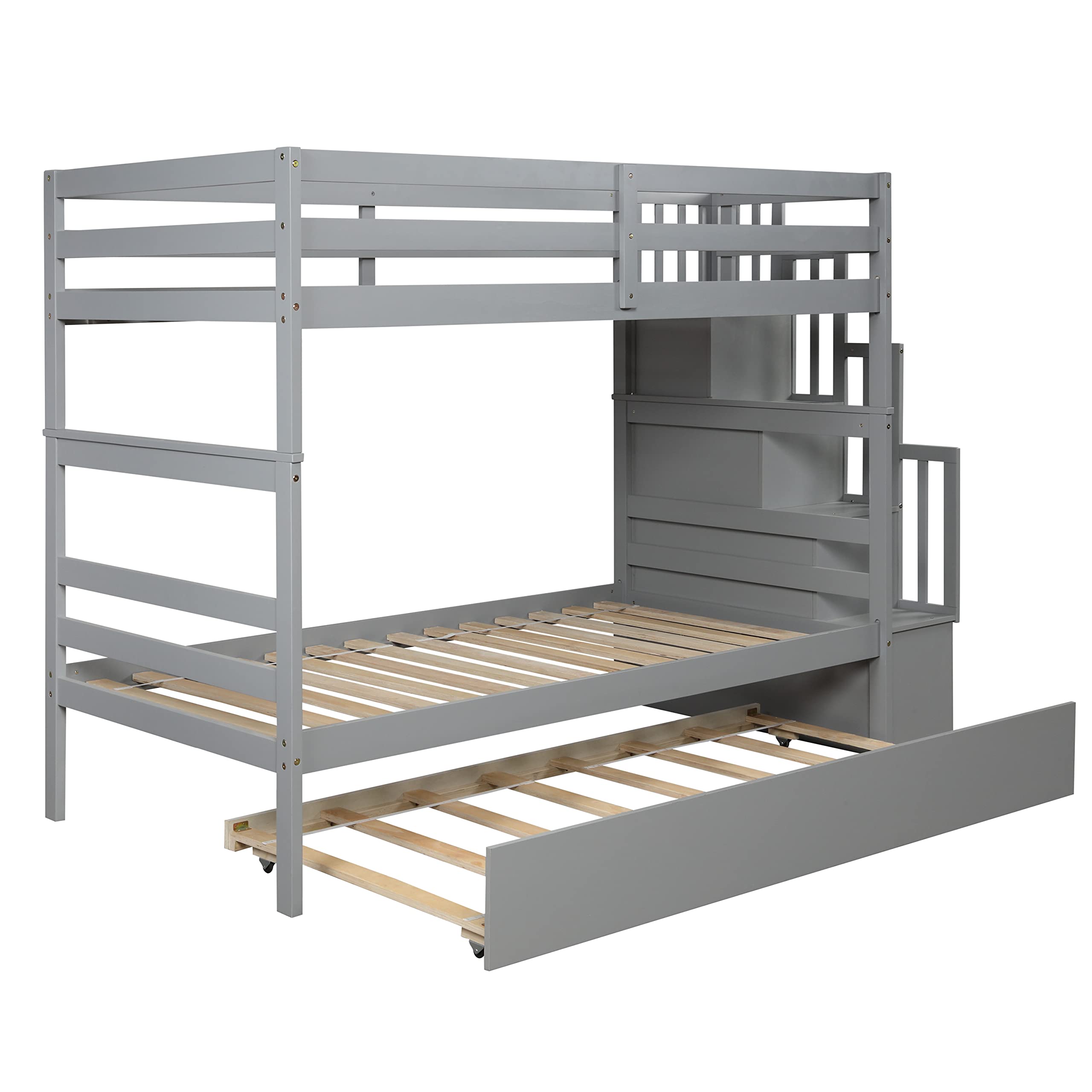 Harper & Bright Designs Twin Over Twin Bunk Bed with Trundle & Storage Shelf - Solid Wood Staircase Bunk Bed for Kids, Teens & Adults - Space-Saving Grey Bunk Bed for Small Rooms, Guest Rooms & Vacation Homes - No Box Spring Needed