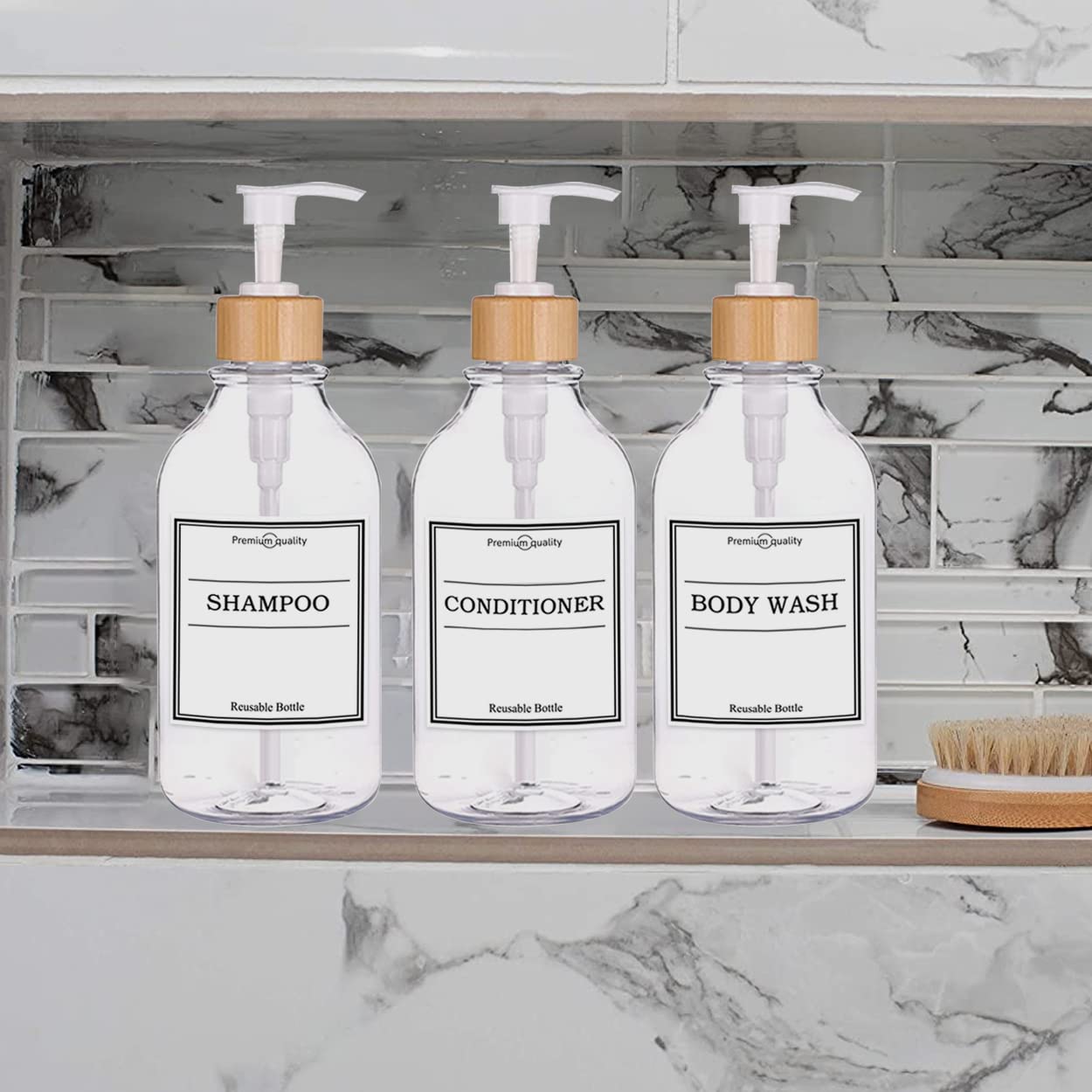 3-Pack 16oz Reusable Shampoo & Conditioner Dispenser Bottles with 6 Waterproof Labels - Refillable Plastic Pump Bottles for Bathroom & Shower Organization - Perfect for Travel, Gym, and Home Use