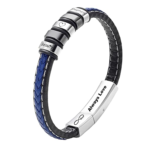 **Personalized Men's Name Bracelet - Black Leather Wide Wristband with Engraved Symbols & Stainless Steel Beads - Magnetic Safety Clasp - Unique Gift for Him - Perfect for Anniversaries, Birthdays & Everyday Wear**