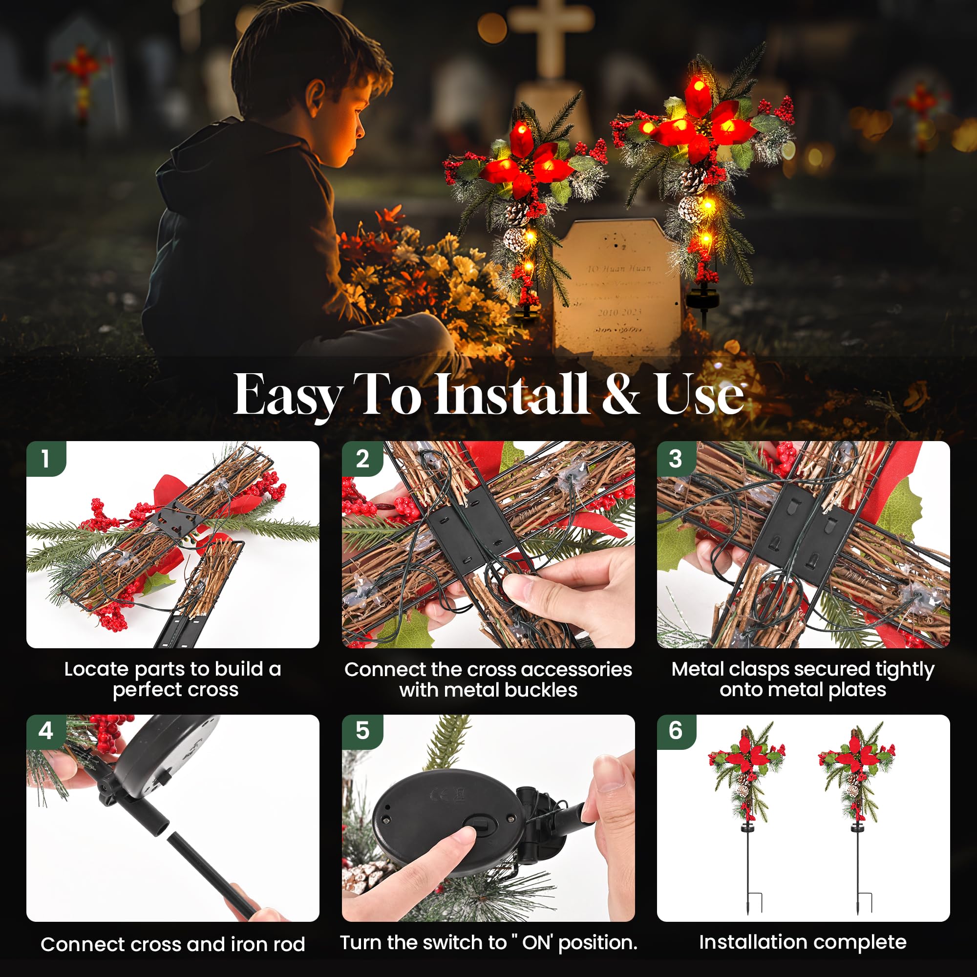 Outdoor Solar Christmas Decorations - Set of 2 Waterproof Cross Stake Lights with Faux Pine Cones & Flowers for Cemetery Grave Memorial - Perfect for Garden, Yard, Lawn & Holiday Decor
