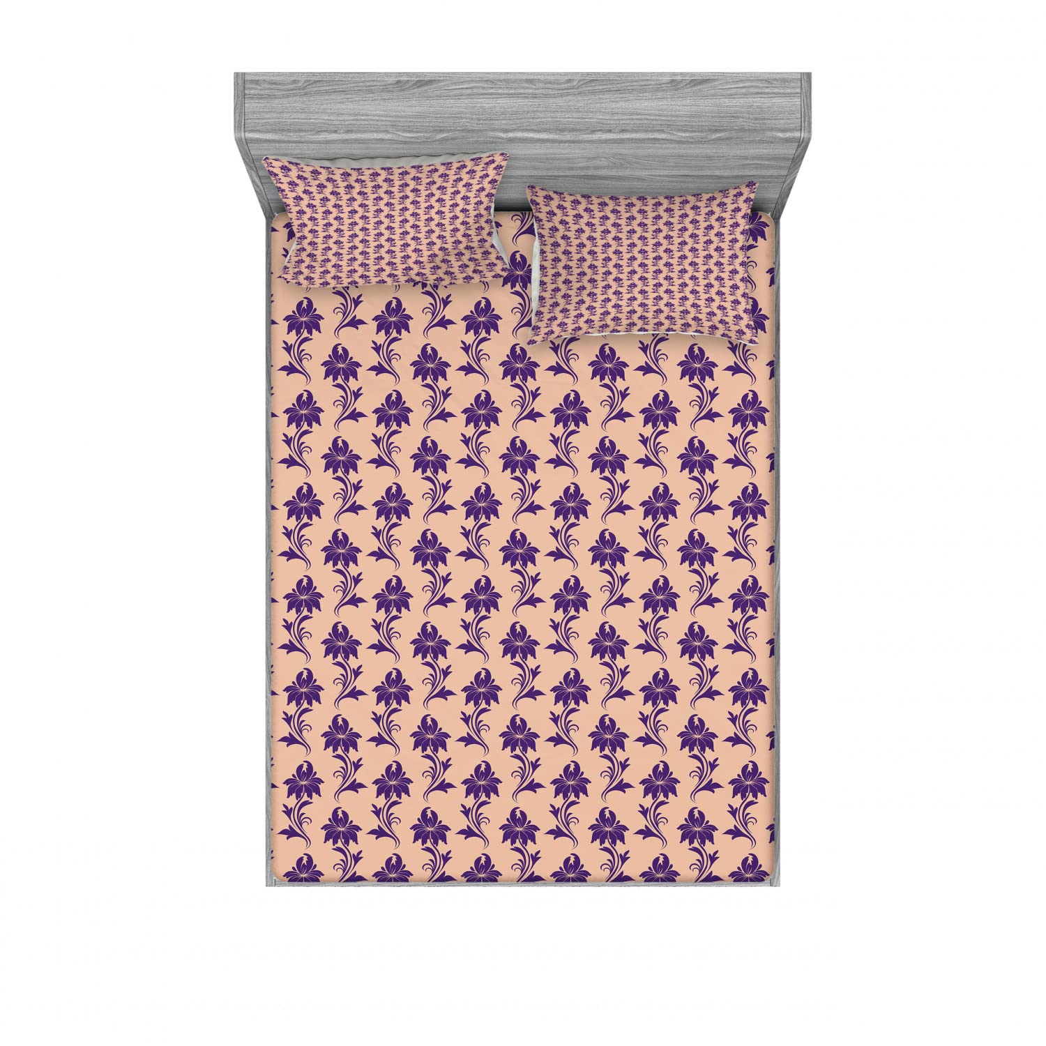 Ambesonne 2-Piece King Size Fitted Sheet Set with 4 Pillow Shams - Purple Floral Botanical Pattern Bedding Collection | Perfect for Master Bedroom, Guest Room & Vacation Home Decor