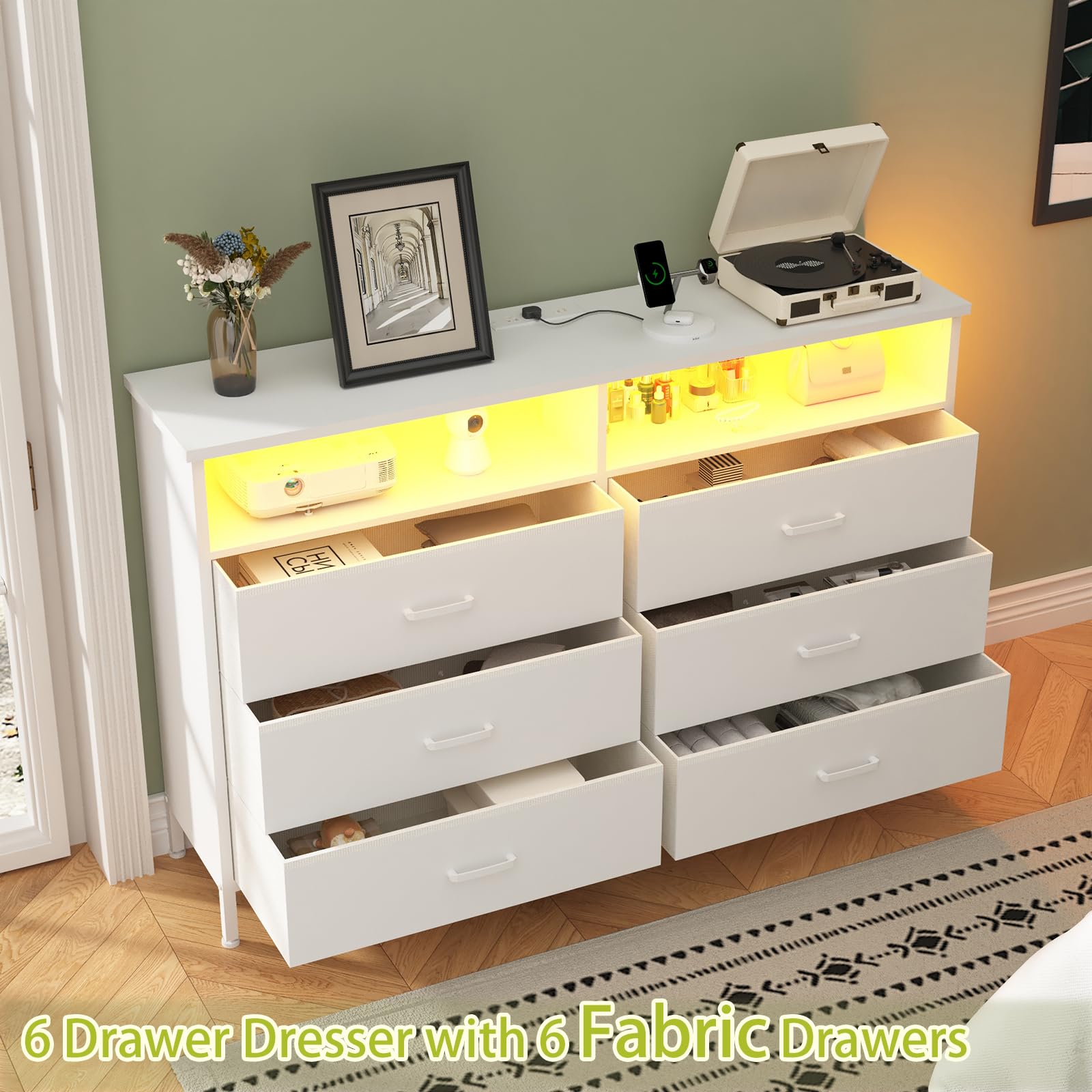 White Fabric LED Dresser with Charging Station - 6-Drawer Tall Chest for Bedroom & Living Room, Storage Organizer & TV Stand for up to 60