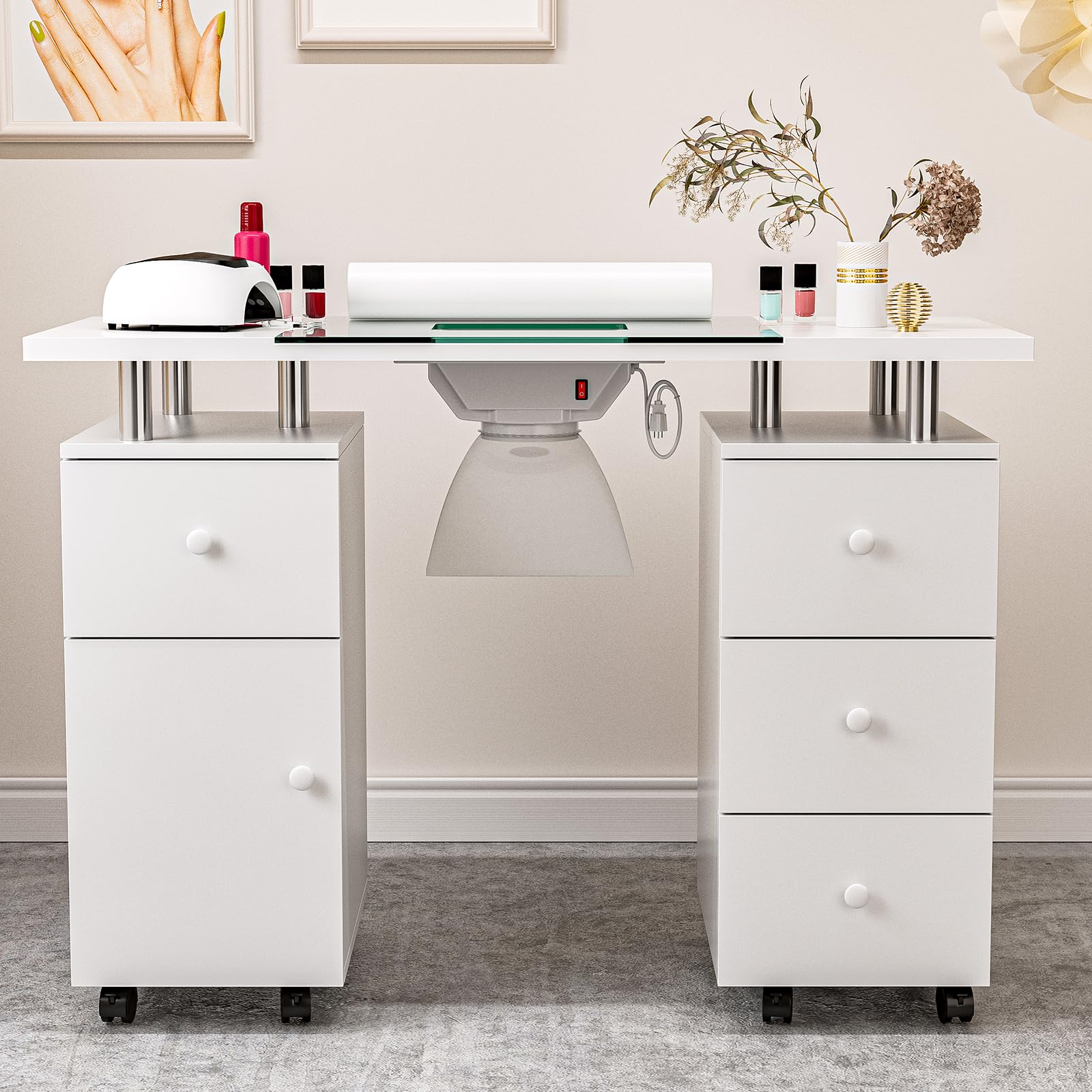 Professional Manicure Table with Glass Top - Electric Downdraft Ventilation, Wrist Cushion & Lockable Wheels - Nail Tech Station with Storage Drawers & Wooden Handles (White-Glass) - Perfect for Salon, Spa & Home Nail Art Studio