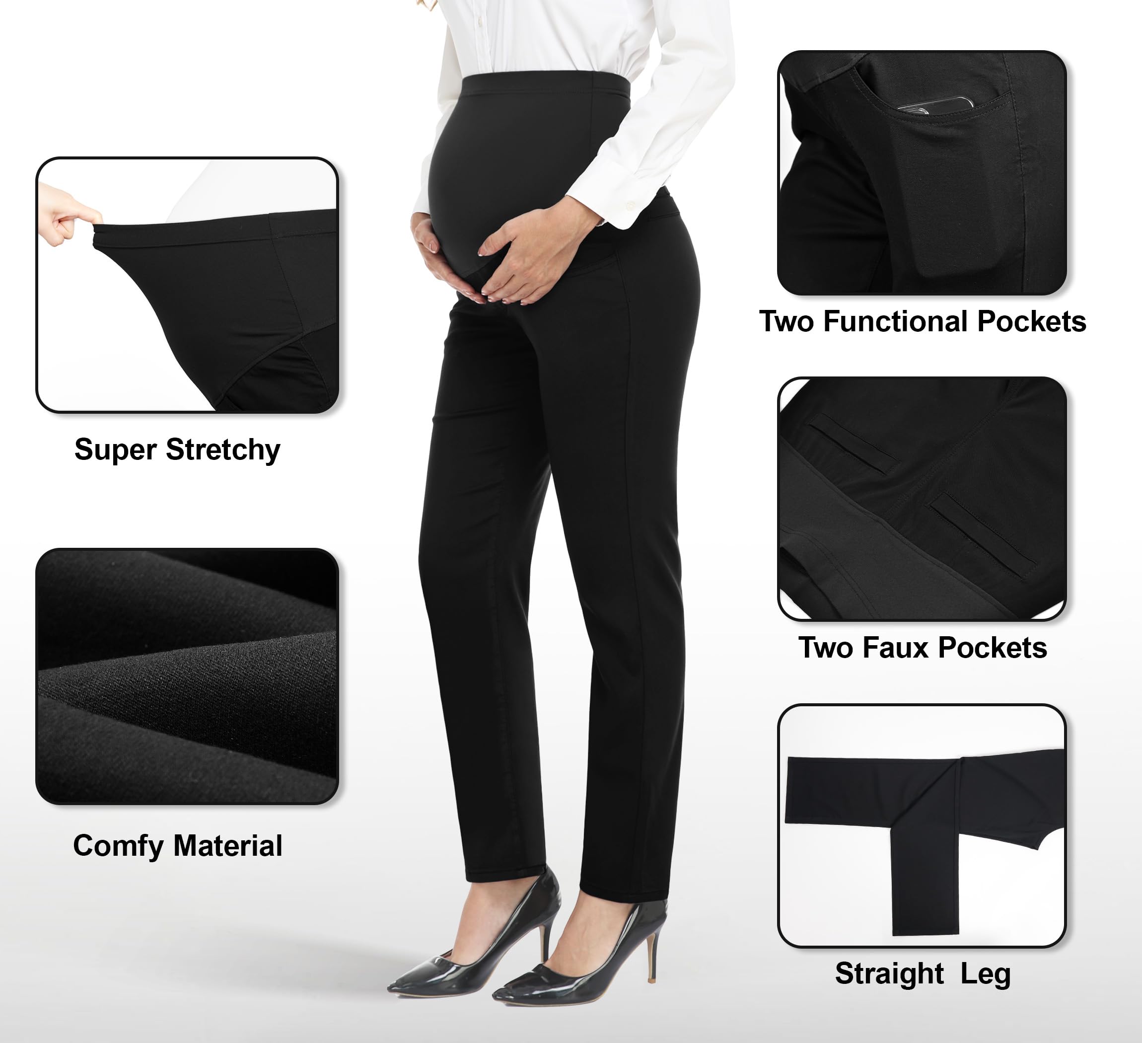 PACBREEZE Women's Maternity Work Pants - Over-Bump Pregnancy Stretch Dress Pants with Pockets for Office & Business Casual Wear