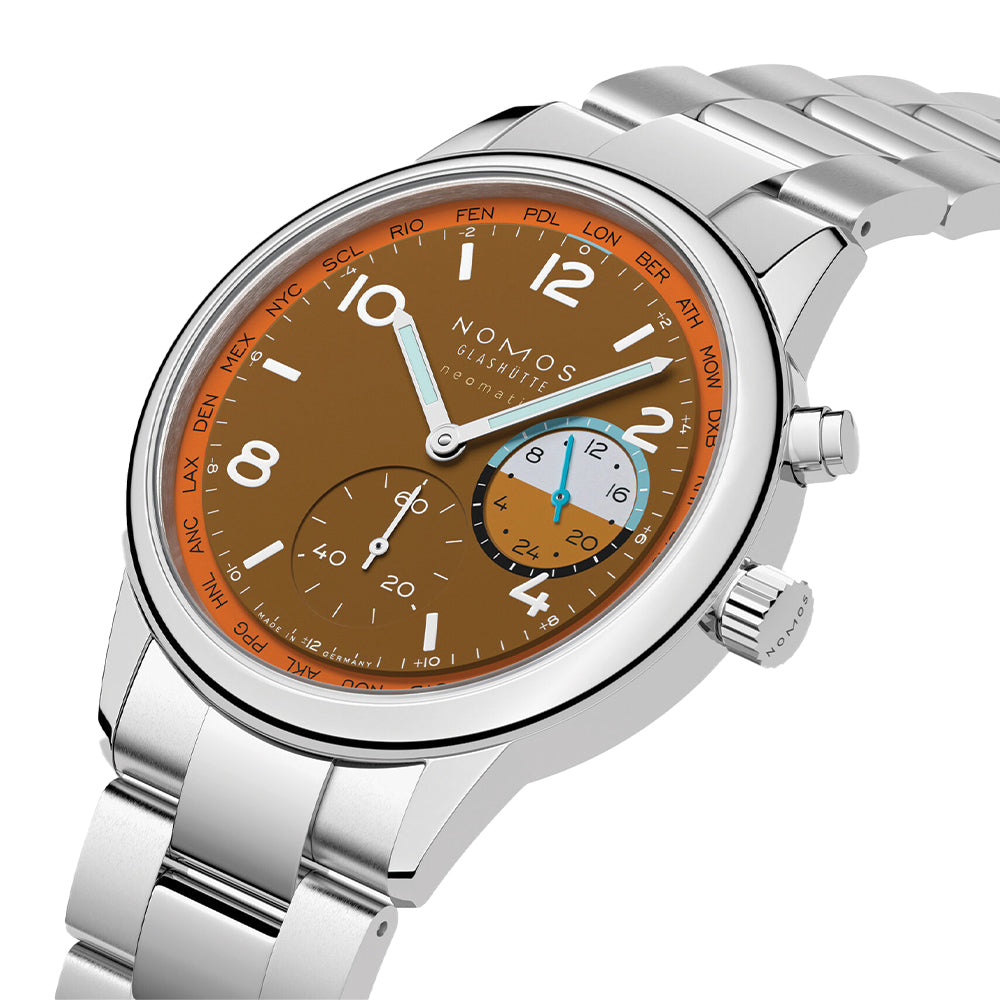 NOMOS Club Sport Neomatik Worldtimer Limited Edition 40mm Watch - Canyon Dial with Stainless Steel Bracelet | Luxury Travel & Business Timepiece
