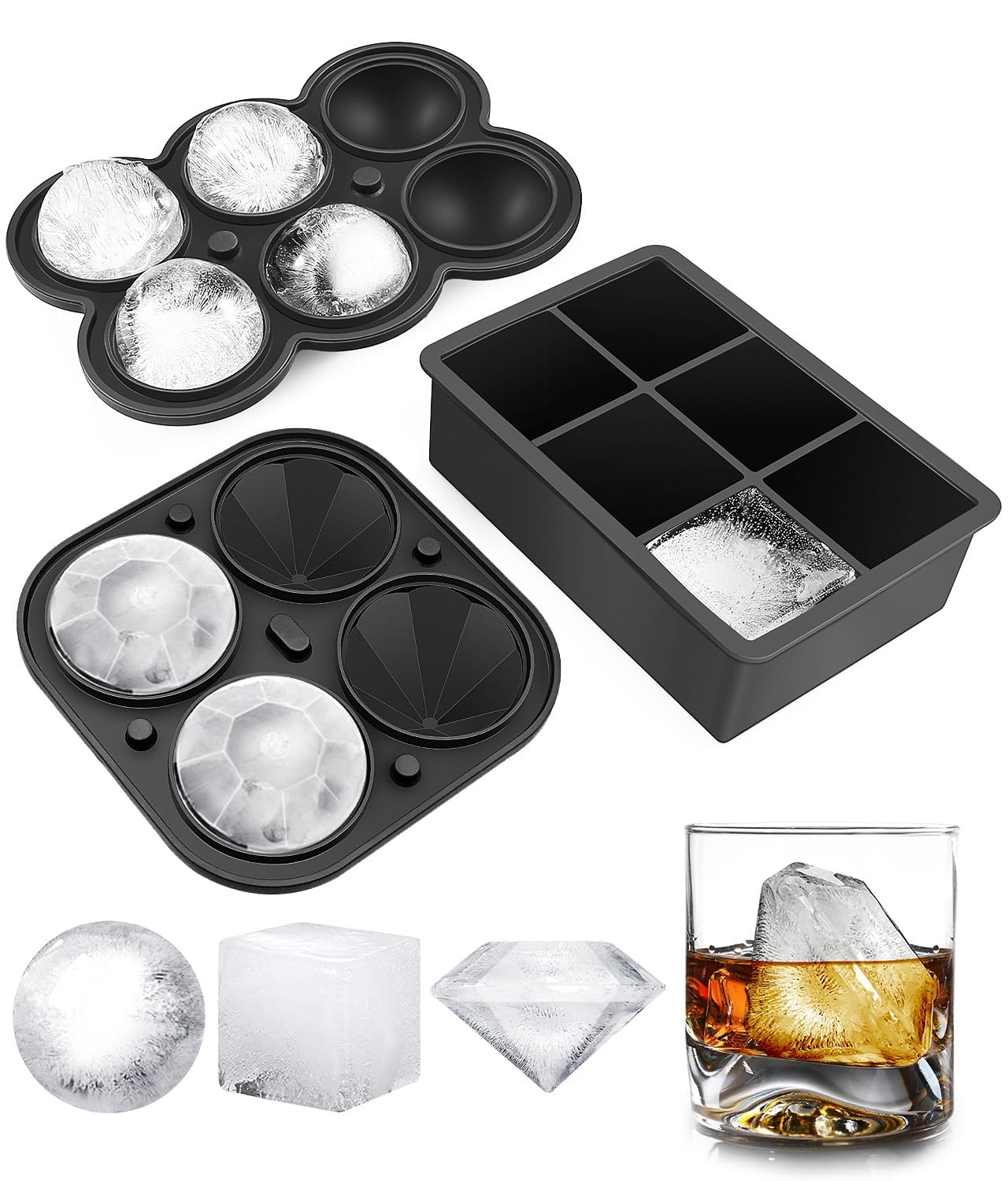 Premium Silicone Ice Cube Trays with Lid - Diamond & Sphere Ice Ball Maker, Square Ice Cube Molds for Whiskey & Cocktails - Reusable Freezer Ice Trays for Homemade Drinks, Parties & Entertaining