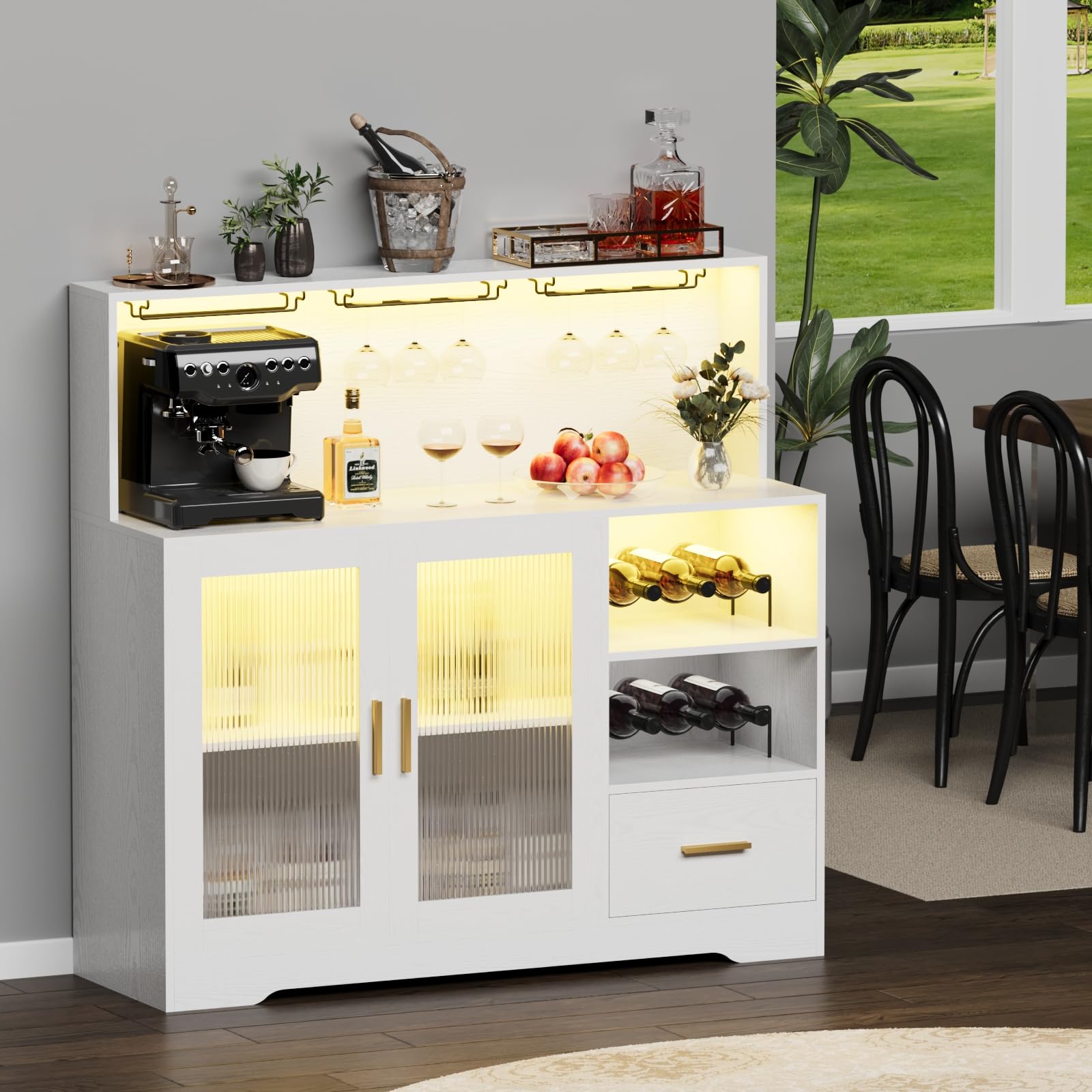 Modern White Large Wine Bar Cabinet with LED Lights, Wine & Glass Rack - Kitchen Coffee Bar Storage Buffet Sideboard with Drawers for Dining Room, Living Room & Home Entertaining