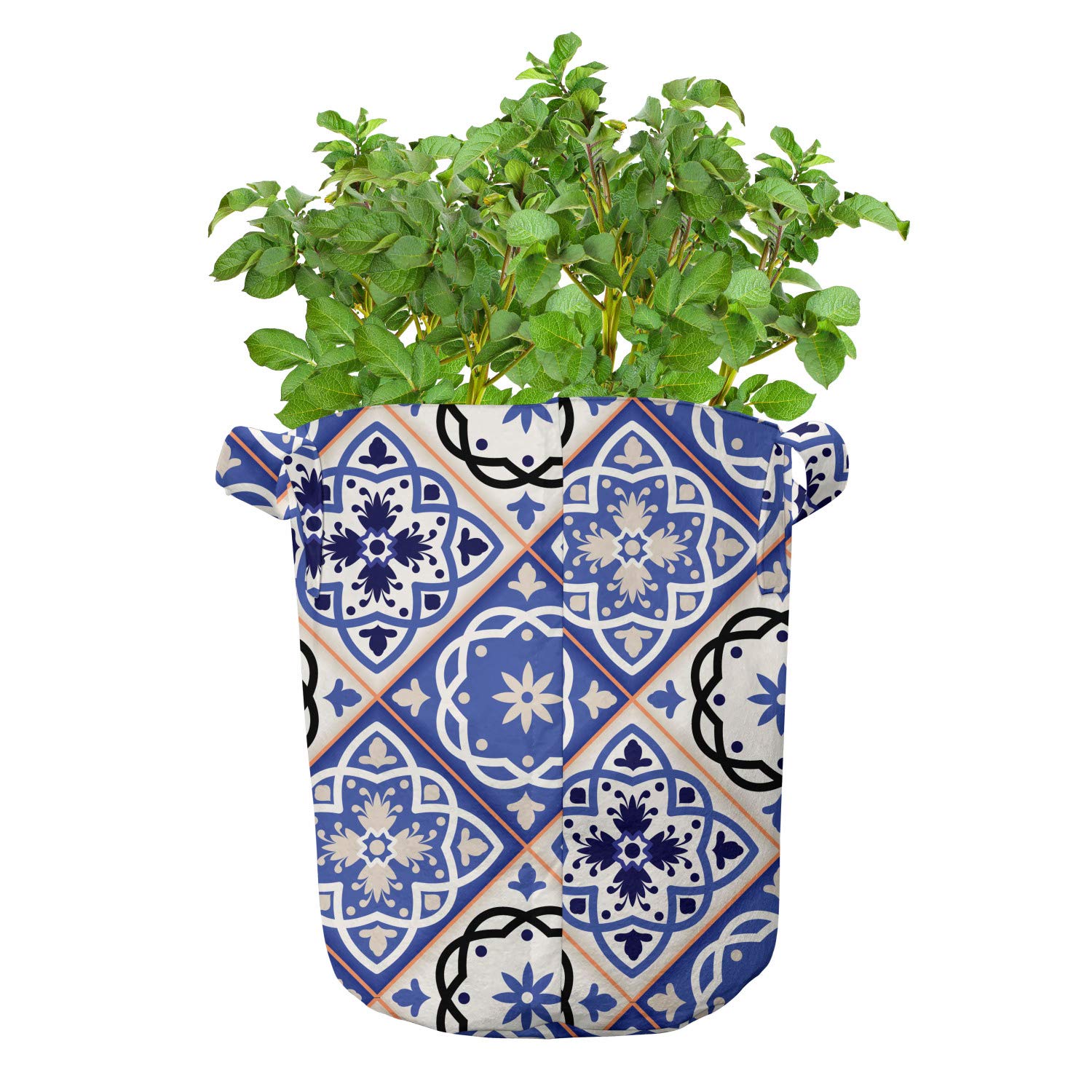 Ambesonne 5-Pack Moroccan Geometric Azulejo Design Heavy Duty Fabric Grow Bags with Handles - Violet Blue Black & Cream Plant Pots for Indoor/Outdoor Gardening, Vegetables, Herbs & Flowers