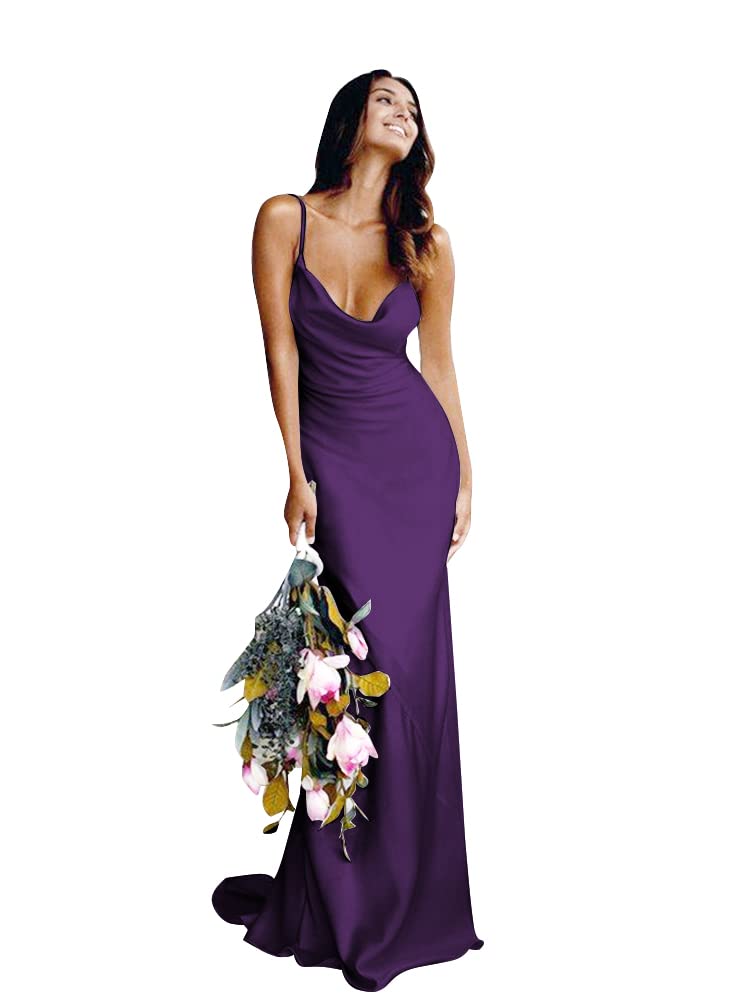 Elegant Spaghetti Strap Satin Wedding Dress V-Neck Mermaid Bridesmaid Gown for Women - Grape Color Size 20 | Perfect for Beach Weddings, Prom Nights & Formal Events