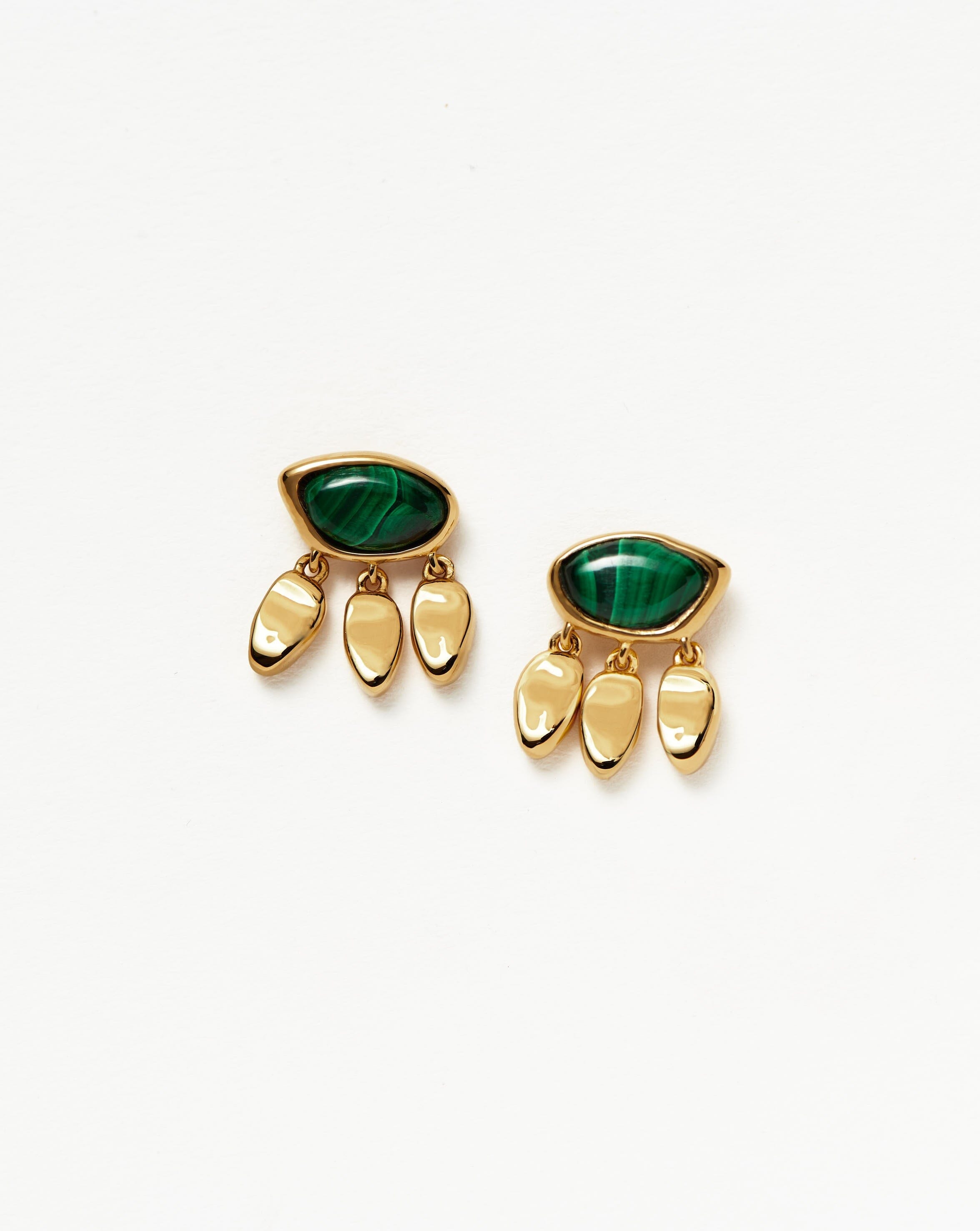 Molten Gemstone Charm Stud Earrings | 18k Gold Vermeil & Malachite | Elegant Jewelry for Women, Gift for Her, Wedding, Party & Everyday Wear