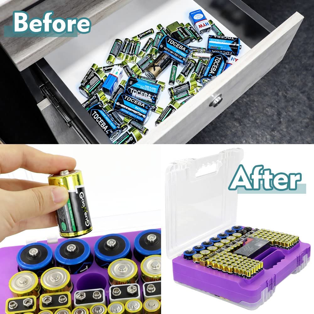 X-Value Battery Organizer Case - Portable Storage Box with Tester for AA AAA C D 9V Batteries (Holds 230 Batteries, Batteries Not Included) - Perfect for Home, Office, Travel & Emergency Kits (Purple)