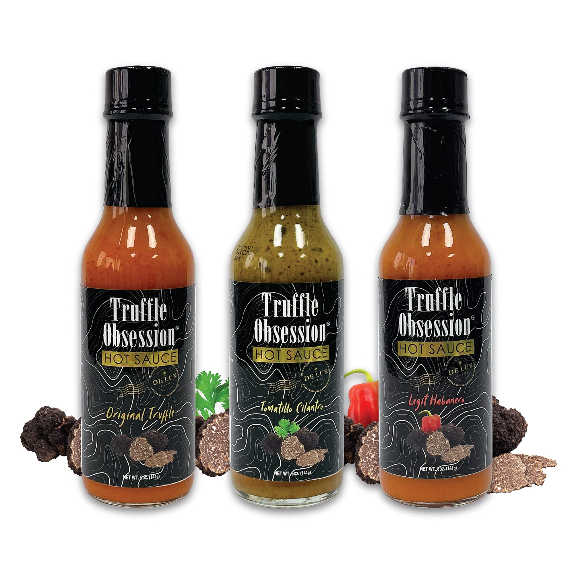 De Lux Farms - Truffle Obsession Gourmet Hot Sauce Variety 3 Pack - Kosher Certified, White Truffle Oil Infused, Non-GMO, Plant Based, Zero Sugar Hot Sauce (3 x 5 oz Bottles) - Perfect for Pizza, Pasta, Burgers & Gourmet Cooking