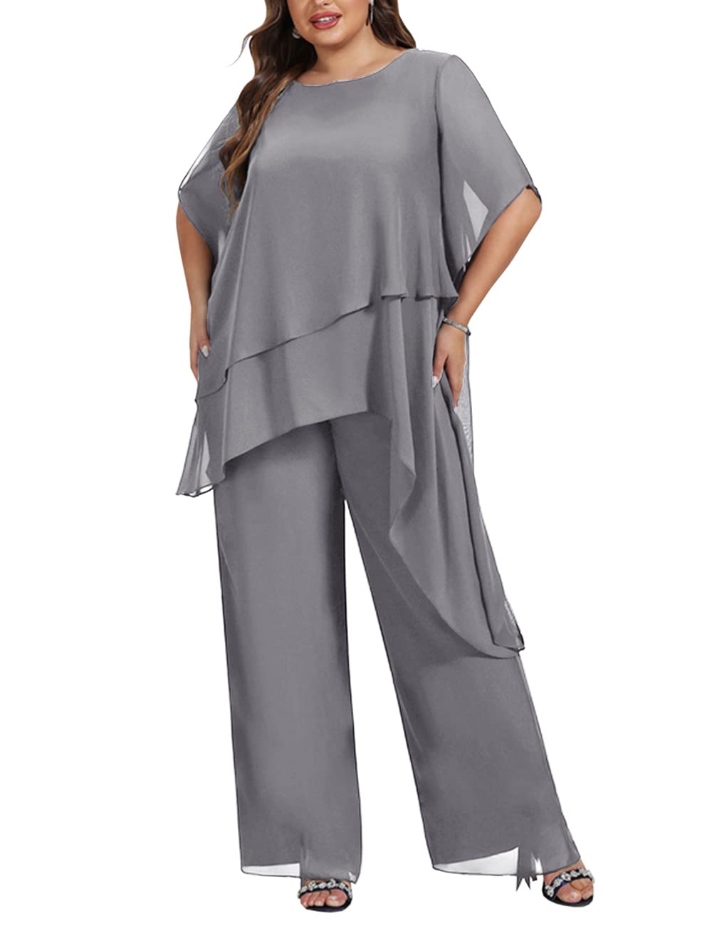 Zongqiven Women's 2-Piece Plus Size Mother of the Bride Pant Suit Set - Flowy Chiffon Asymmetric Tunic & Pants Outfit for Weddings, Parties & Special Occasions