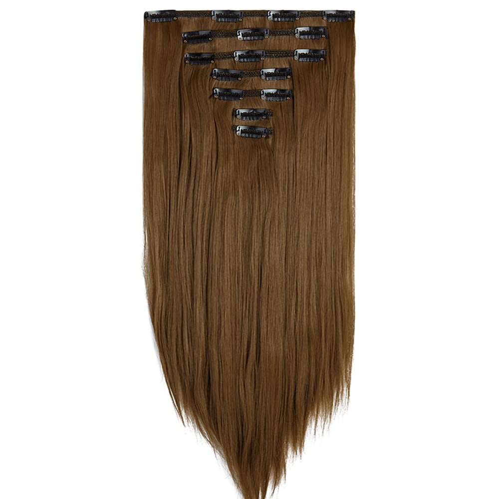 24 Inch Wavy Curly Clip-In Hair Extensions - 7Pcs Double Weft Synthetic Hair with 16 Clips (160g/set) - Dark Brown to Ash Blonde Ombre - Perfect for Parties, Weddings & Daily Styling