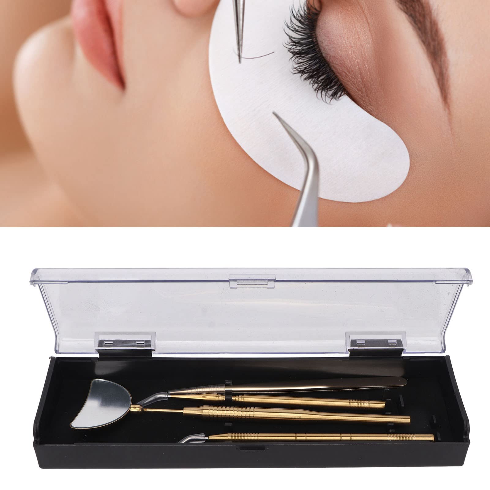 4-Piece Professional Eyelash Extension Tweezers Set - Stainless Steel, Non-Slip Rotating Mirror Handle - Perfect for Lash Artists & DIY Makeup - Gold (Great for Salon, Home Use & Professional Nail Art)