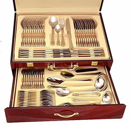 Venezia Collection Medallion 75-Piece Stainless Steel Flatware Set - 18/10 Surgical Grade Cutlery with 24K Gold Accents, 12-Person Dining Service & Hostess Serving Pieces in Wooden Storage Case - Elegant Table Setting for Weddings, Dinner Parties & Holiday Entertaining