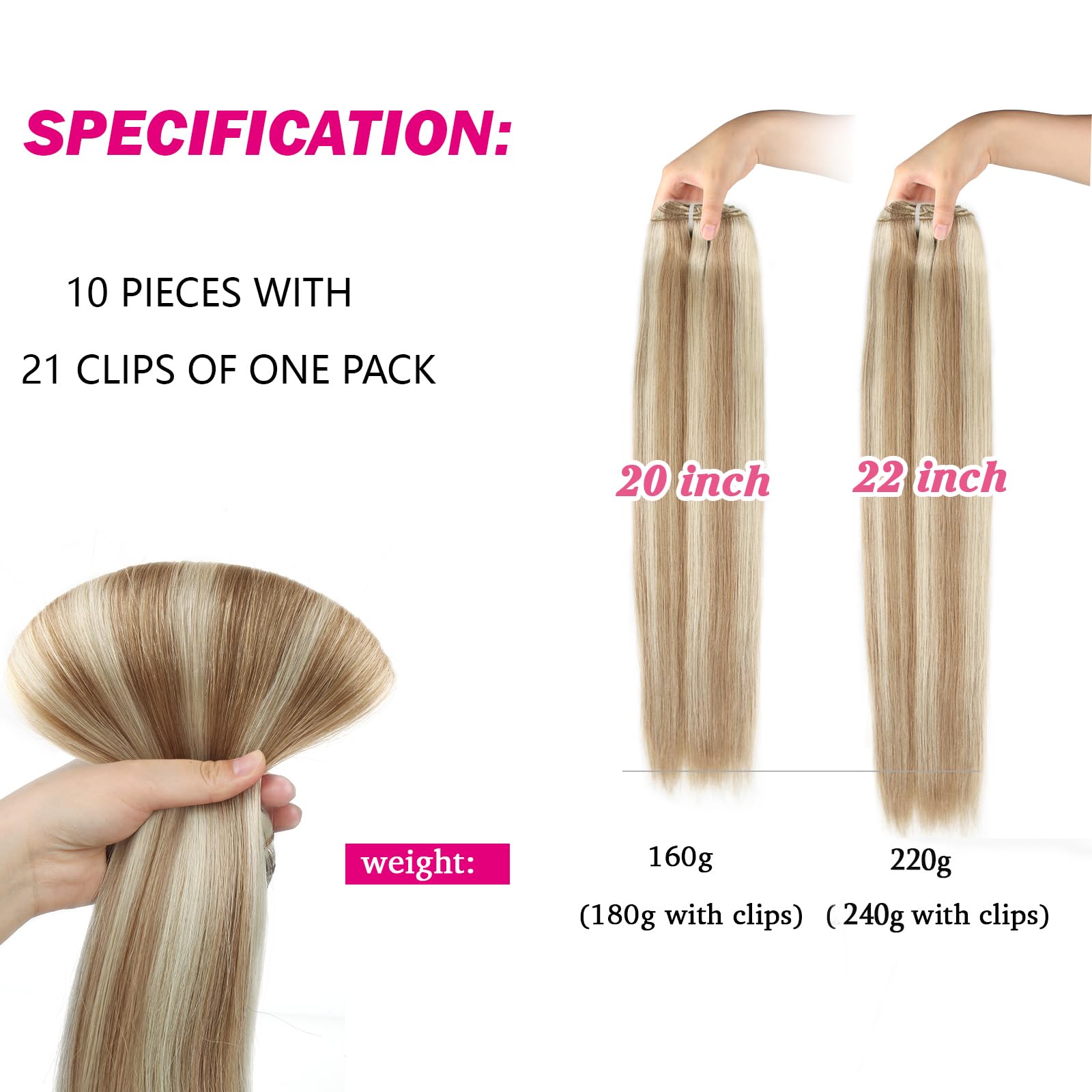 Sixstarhair 20 Inch 180g Human Hair Clip In Extensions - 10 Pieces Piano Ash Brown & Ash Blonde Mix Virgin Hair for Volume & Length - Perfect for Parties, Weddings & Daily Styling