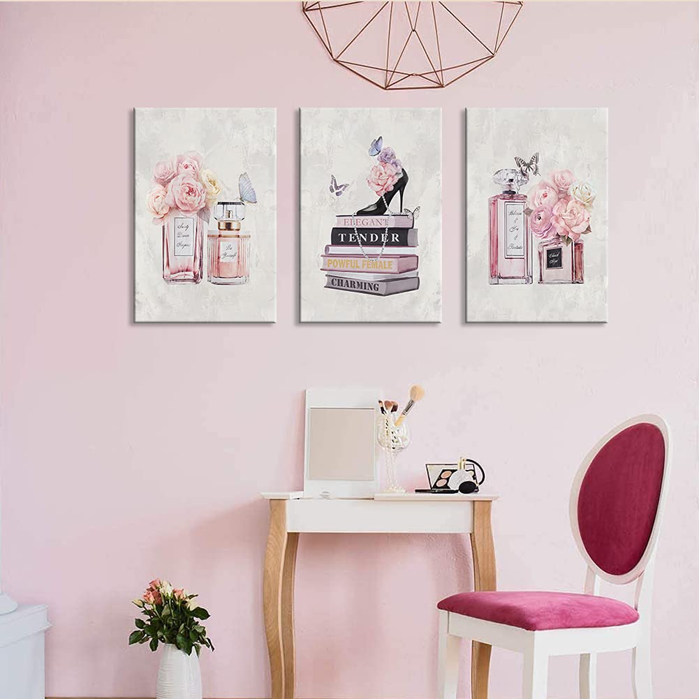 WANBOYA 3-Piece Pink Flower Perfume Modern Art Canvas Prints - Fashion Women's Wall Decor with Book & High Heel Design (16