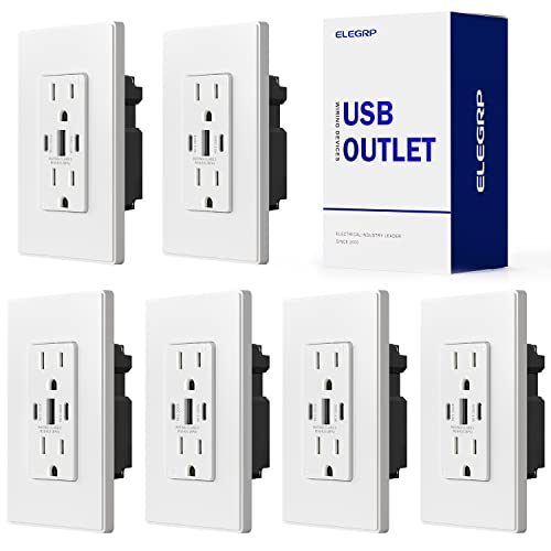 ELEGRP 30W 6.0A USB Outlet with 3-Ports (2 USB-C & 1 USB-A) - 15A Tamper-Resistant Receptacle, UL Listed, Includes Screwless Wall Plate - 6 Pack Matte White - Perfect for Home, Office & Hotel Charging Stations
