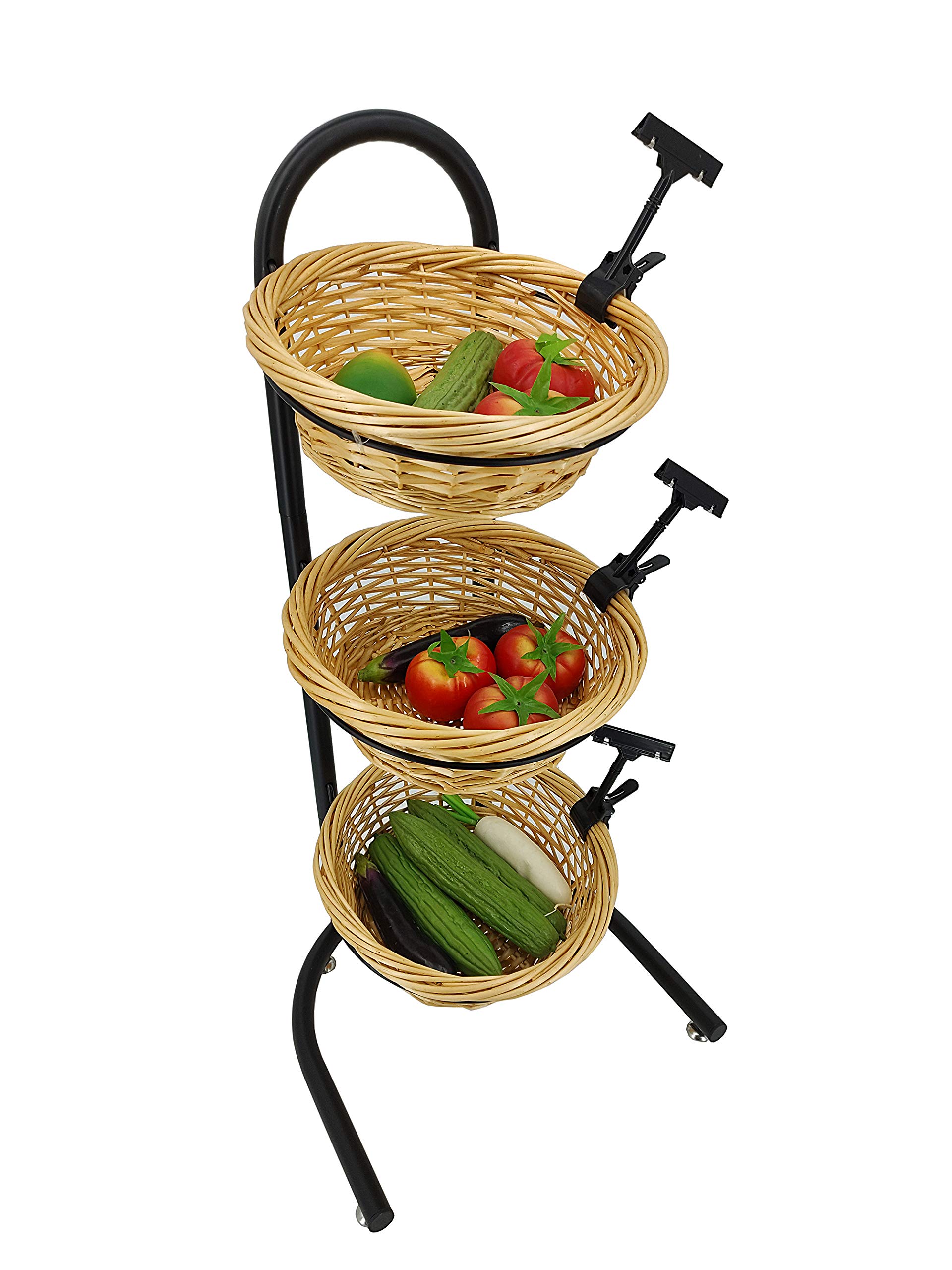 FixtureDisplays 3-Tier Wicker Basket Metal Stand with Sign Clips - Rustic Market Basket Storage Organizer for Kitchen, Bathroom & Retail Display (Model 19425)