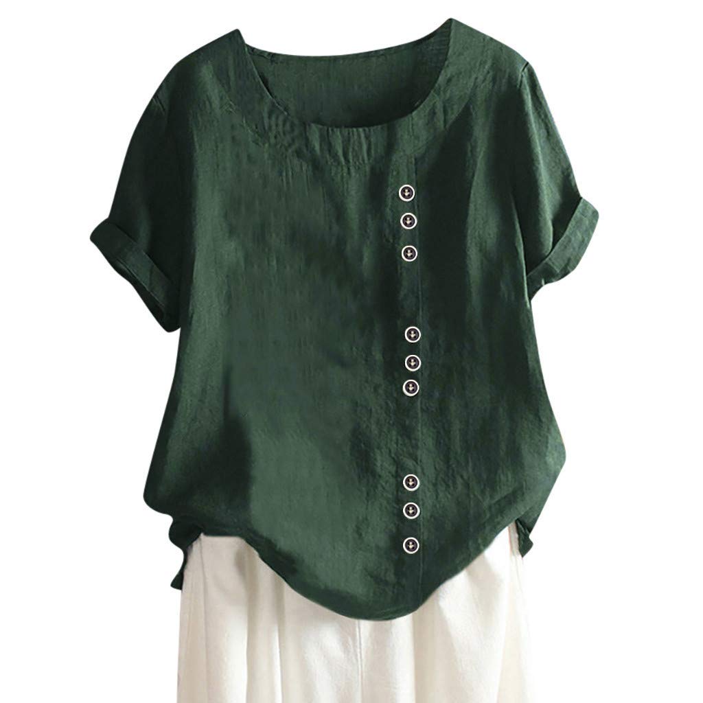 Women's Casual Loose Button Linen Plus Size Boho T-Shirt Blouse - Sexy V-Neck Tunic Top for Daily Wear, Beach Cover Up & Going Out Outfits