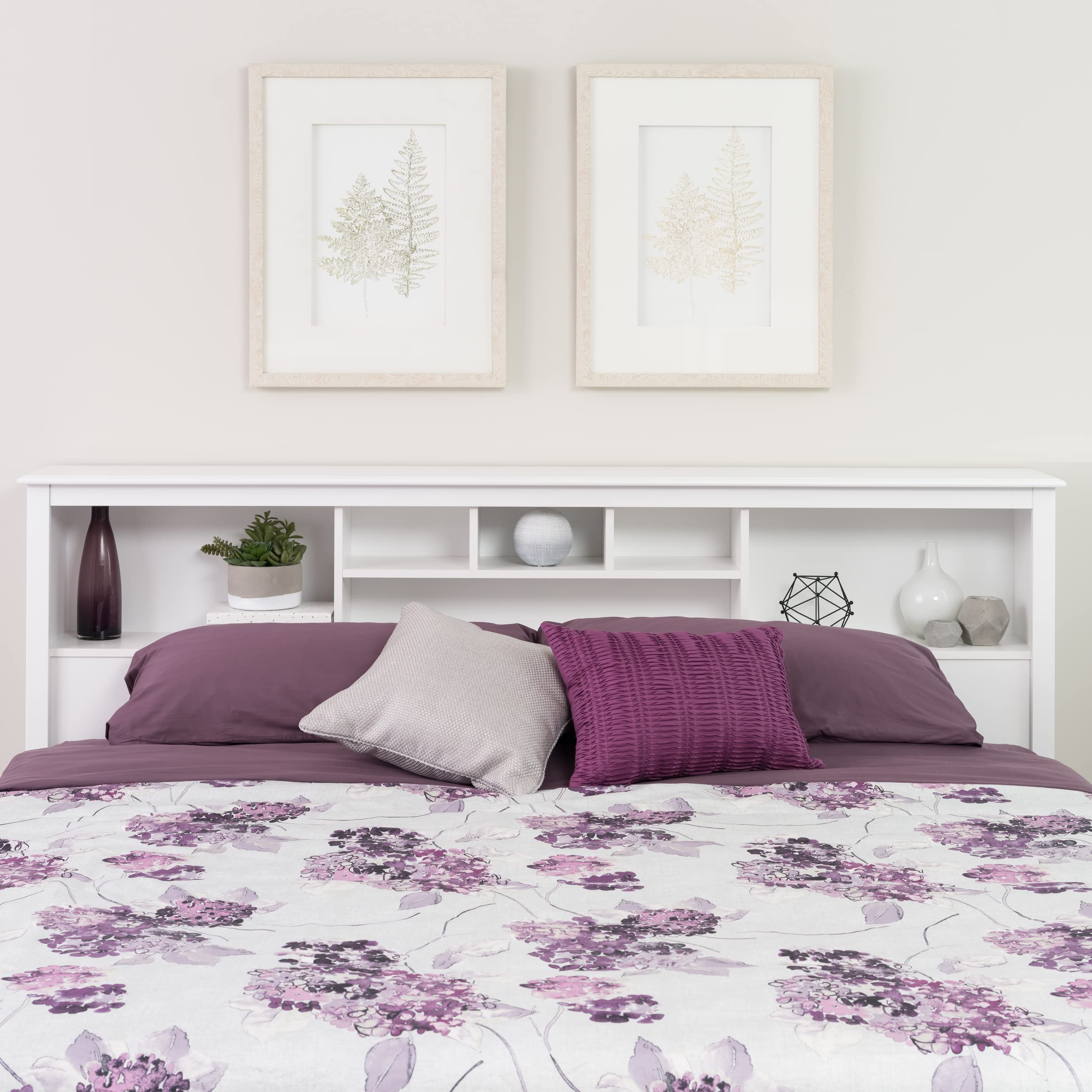 Prepac King Size Bookcase Headboard with Storage - White Wooden Bed Frame for Bedroom Organization & Stylish Home Decor
