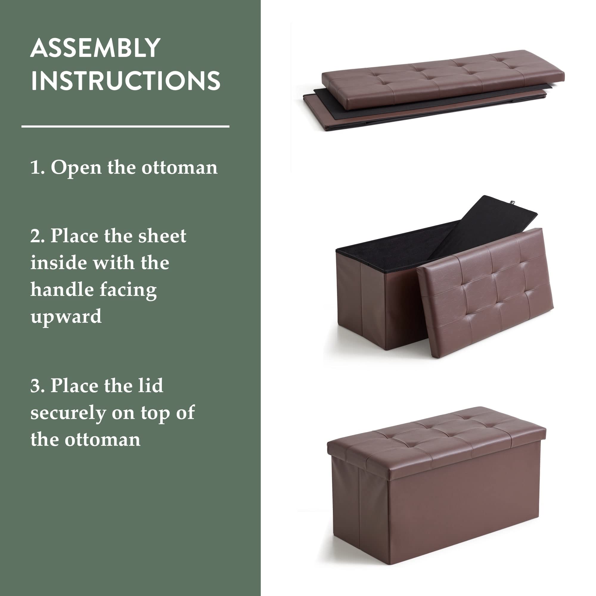 Edenbrook 30 Inch Rectangle Storage Ottoman with Buttonless Tufted Design - Sturdy Foot Rest Bench Holds 330 lbs - Brown Faux Leather for Living Room, Bedroom & Home Decor
