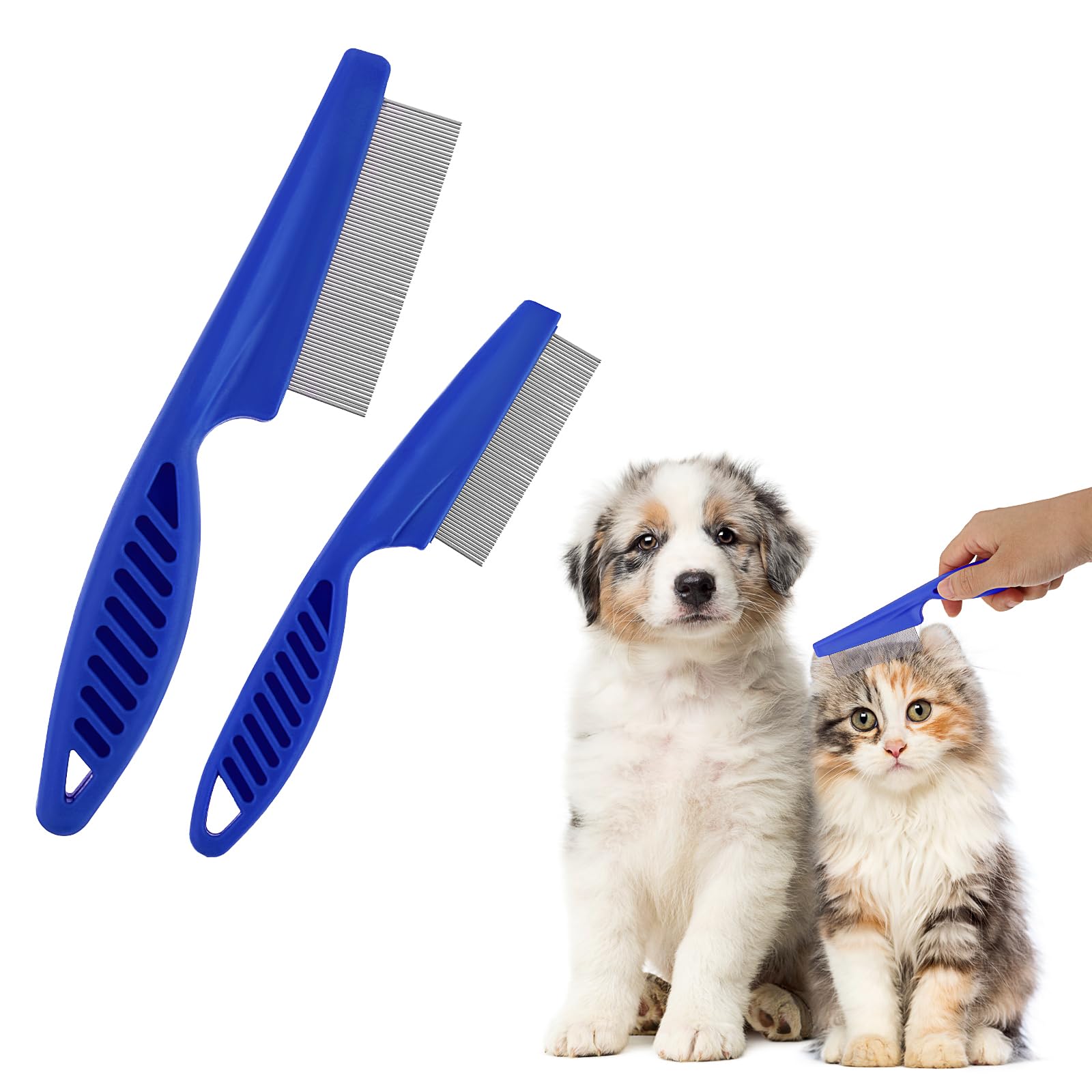 2-in-1 Stainless Steel Pet Grooming Comb Kit - Dual Sided Dog Comb for Hair Removal, Tangle & Flea Control - Tear Stain Remover & Massage Brush (2 Pack, Blue) - Perfect for Daily Grooming & Professional Pet Care