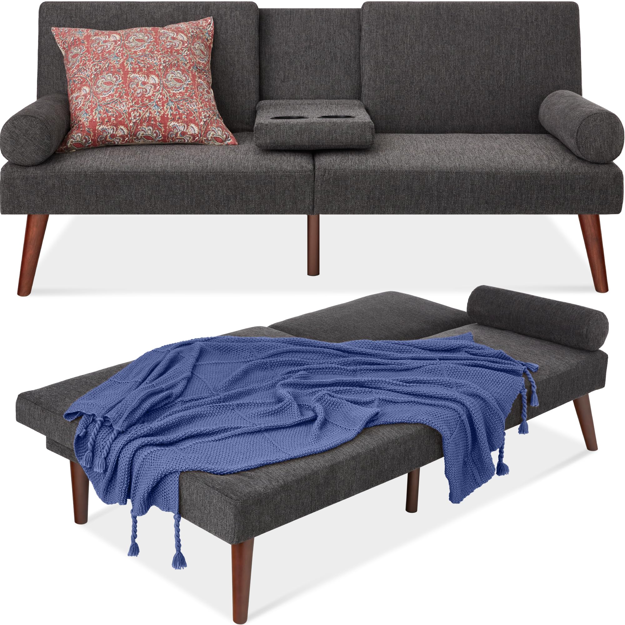 Best Choice Products Mid-Century Modern Upholstered Futon - Convertible Folding Sofa Bed with Rounded Armrests & 2 Cup Holders - Charcoal Grey - Perfect for Small Apartments, Guest Rooms & Home Offices