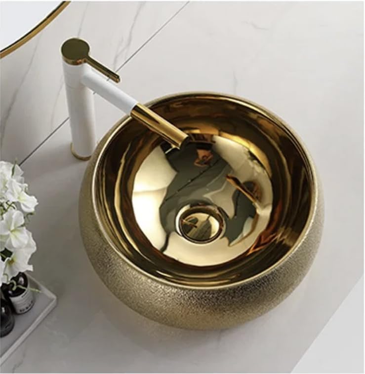 InArt Glossy Gold Bathroom Sink - Modern Countertop Wash Basin for Vanity, Powder Room & Guest Bath | Elegant & Durable Ceramic Vessel Sink for Home Decor