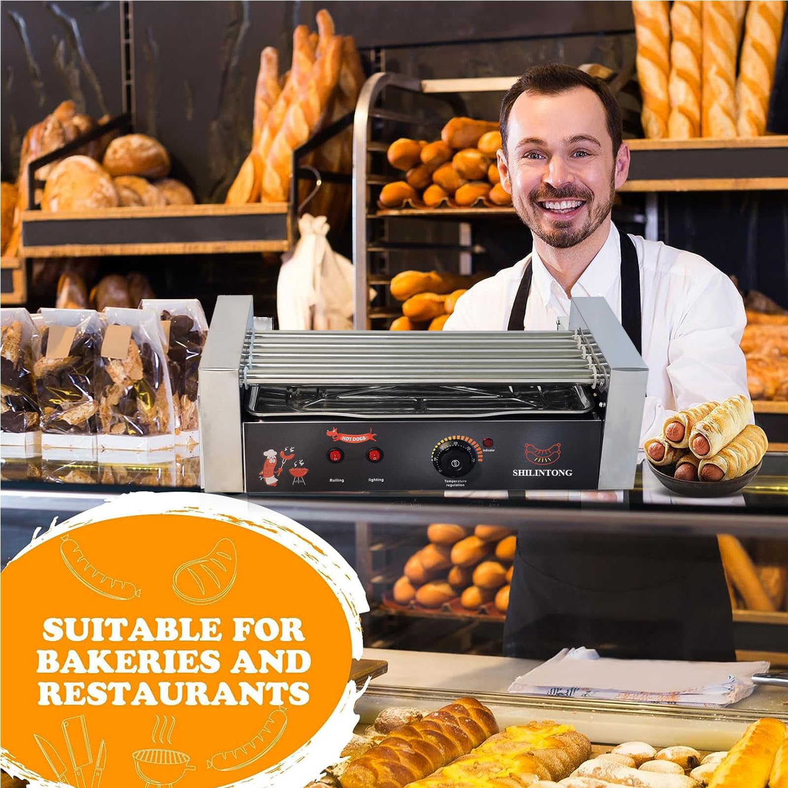 Commercial & Home Electric Hot Dog Roller Machine - 5 Stainless Steel Hot Dog Cookers - No Cover Silver - Perfect for Restaurants, Carnivals, Food Trucks and Family BBQs