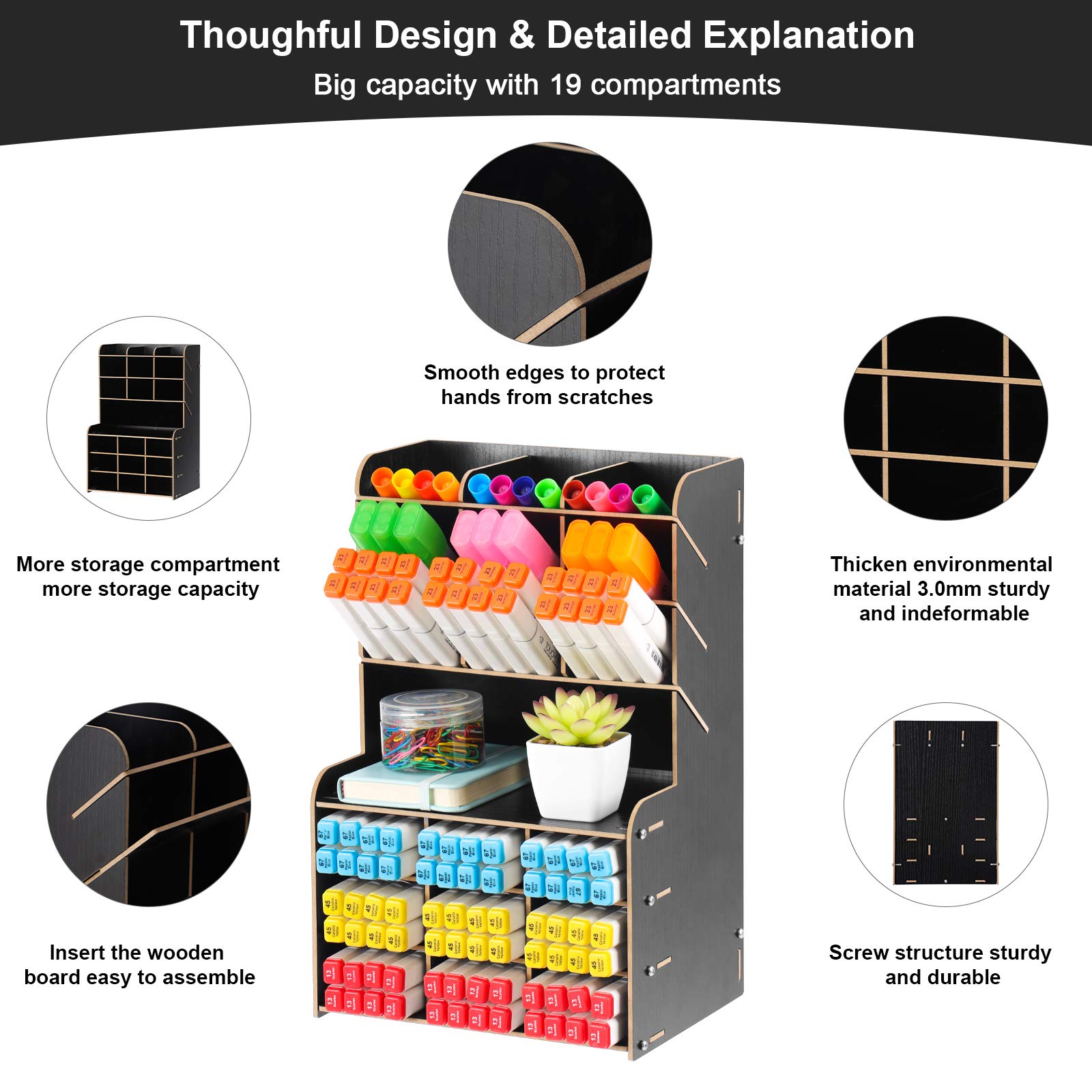 Upgraded Wooden Pencil Holder & Pen Organizer - Black Desktop Stationery Caddy for Art Supplies, Office & School | Easy Assembly Desk Organizer for Markers, Pens, Brushes & More