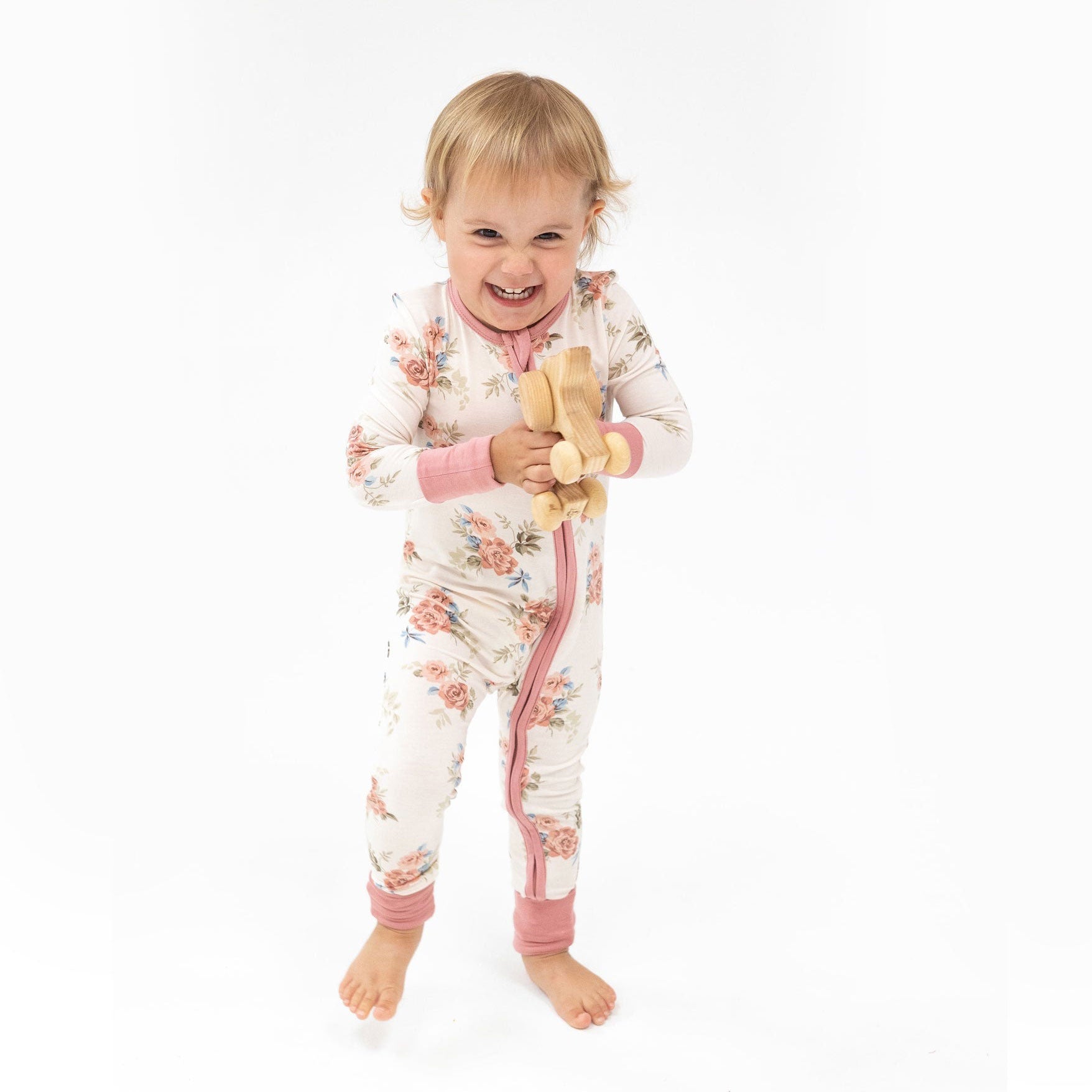 Bamboo 2-Way Zipper Romper with Romantic Roses Print in Pink | Soft & Comfortable Baby Jumpsuit for Playtime & Photo Shoots