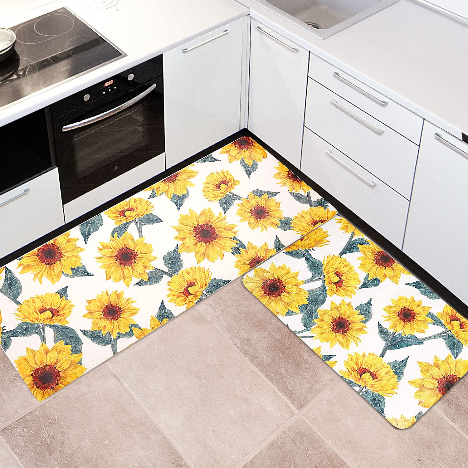 Sunflower Kitchen Rugs Set of 2 - Non Slip PVC Floor Mats for Comfortable Standing in Kitchen & Entryway Decor