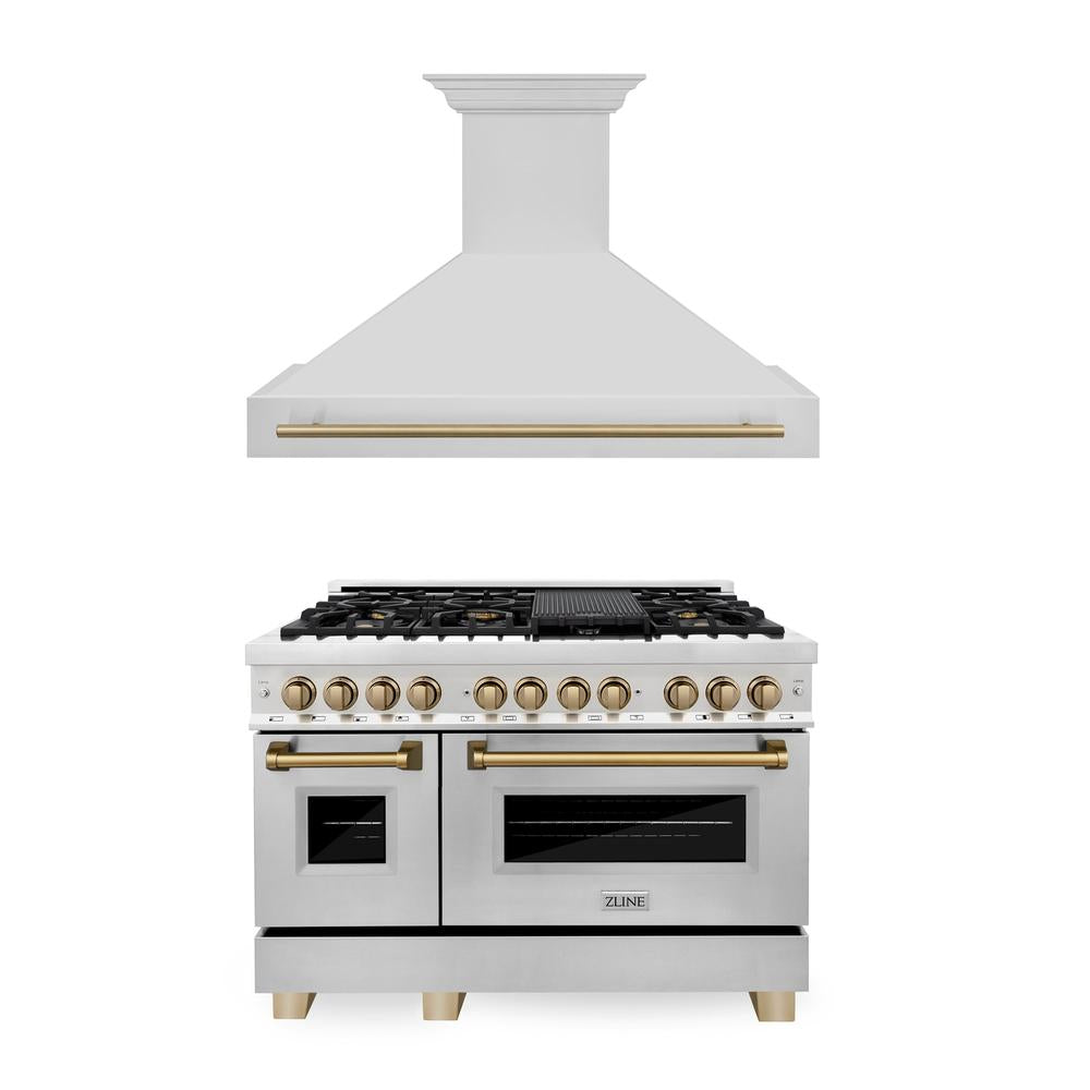 ZLINE Autograph Edition 48-inch Professional Kitchen Package - Stainless Steel Dual Fuel Range & Range Hood with Champagne Bronze Accents (2AKP RARH48 CB) | Premium Cooking Appliance Set for Gourmet Chefs & Home Kitchens