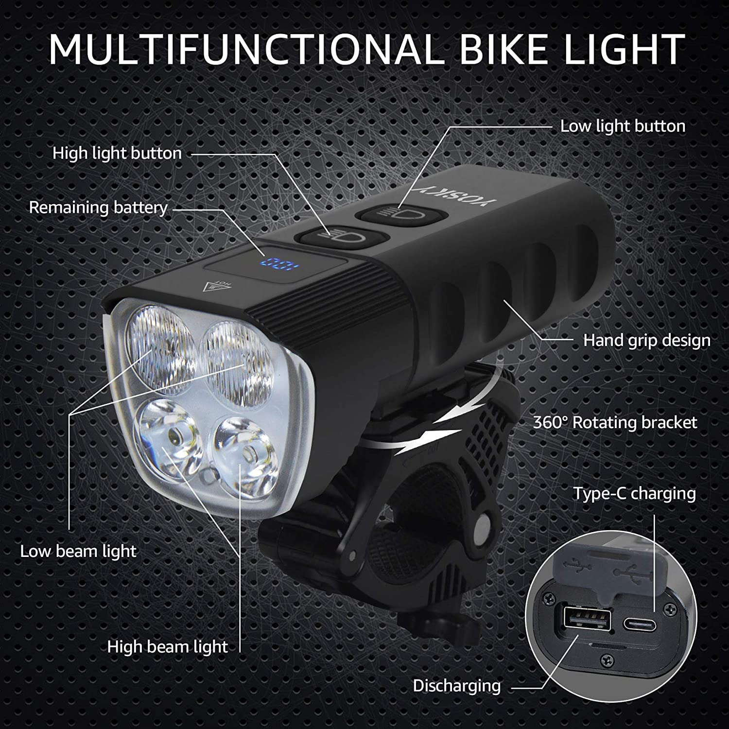 Yosky 2000 Lumens USB Rechargeable Bike Headlight - Waterproof, High-Power Bicycle Front Light for Night Riding, Commuting & Mountain Biking