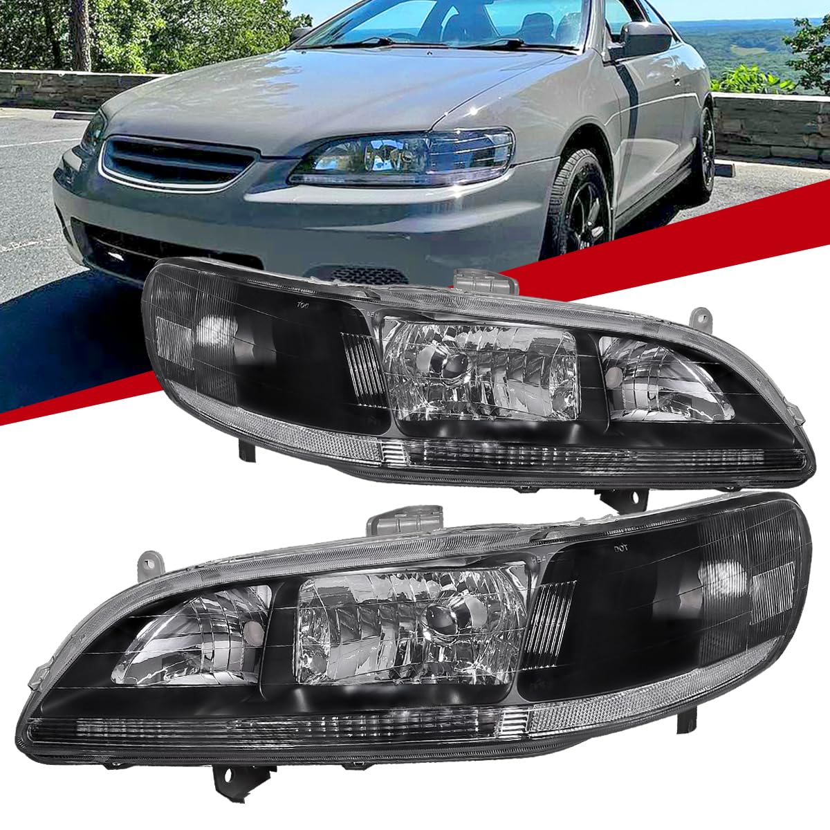 98-02 Honda Accord LX EX V6 JDM Black Headlights & Fog Lights - High Performance Replacement Headlamps for Night Driving & Foggy Conditions | Perfect for Daily Commute, Road Trips & Low Visibility Weather