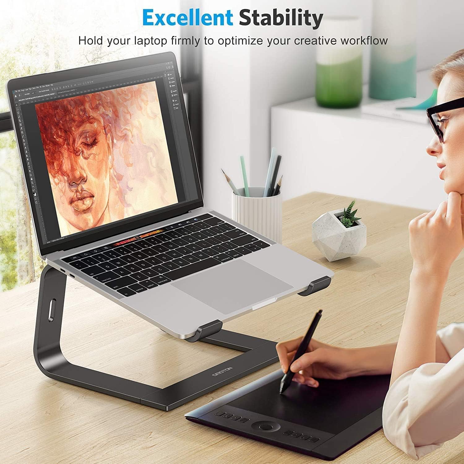 OMOTON Adjustable Aluminum Laptop Stand for Desk - Ergonomic Detachable Laptop Holder Compatible with MacBook Air/Pro, Dell, HP, Lenovo (11-16 Inch) - Perfect for Home Office, Gaming & Workstation Setup - Black
