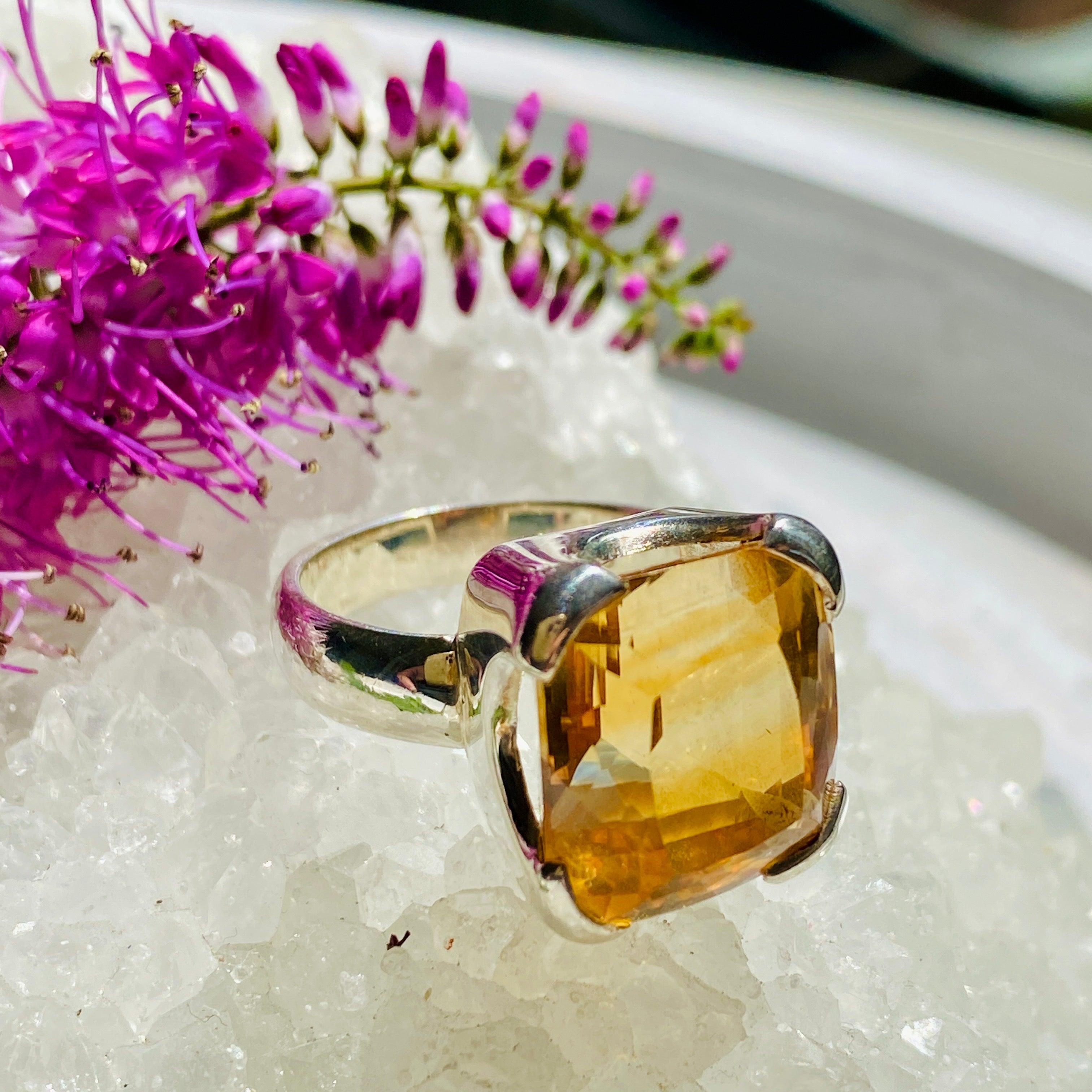 Natural Citrine Gemstone Rectangular Faceted Ring - Size 8, KRGJ2150 - Elegant Jewelry for Women, Perfect for Weddings, Parties & Everyday Wear