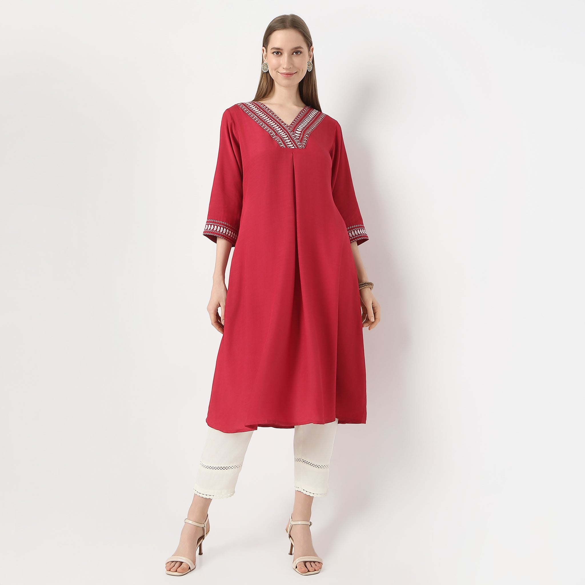 Flare Fit Embroidered Below Knee V Neck Kurta for Women - Elegant Indian Ethnic Dress for Festivals, Weddings & Special Occasions