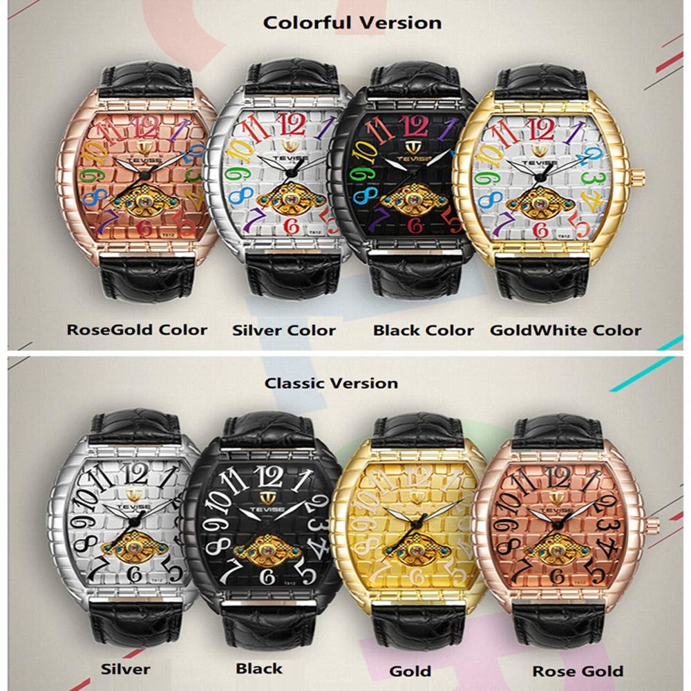 Luxury Men's Automatic Mechanical Watch - Rose Gold Rectangle Dial with Black Leather Strap - Stylish Casual Dress Watch for Business, Office & Everyday Wear