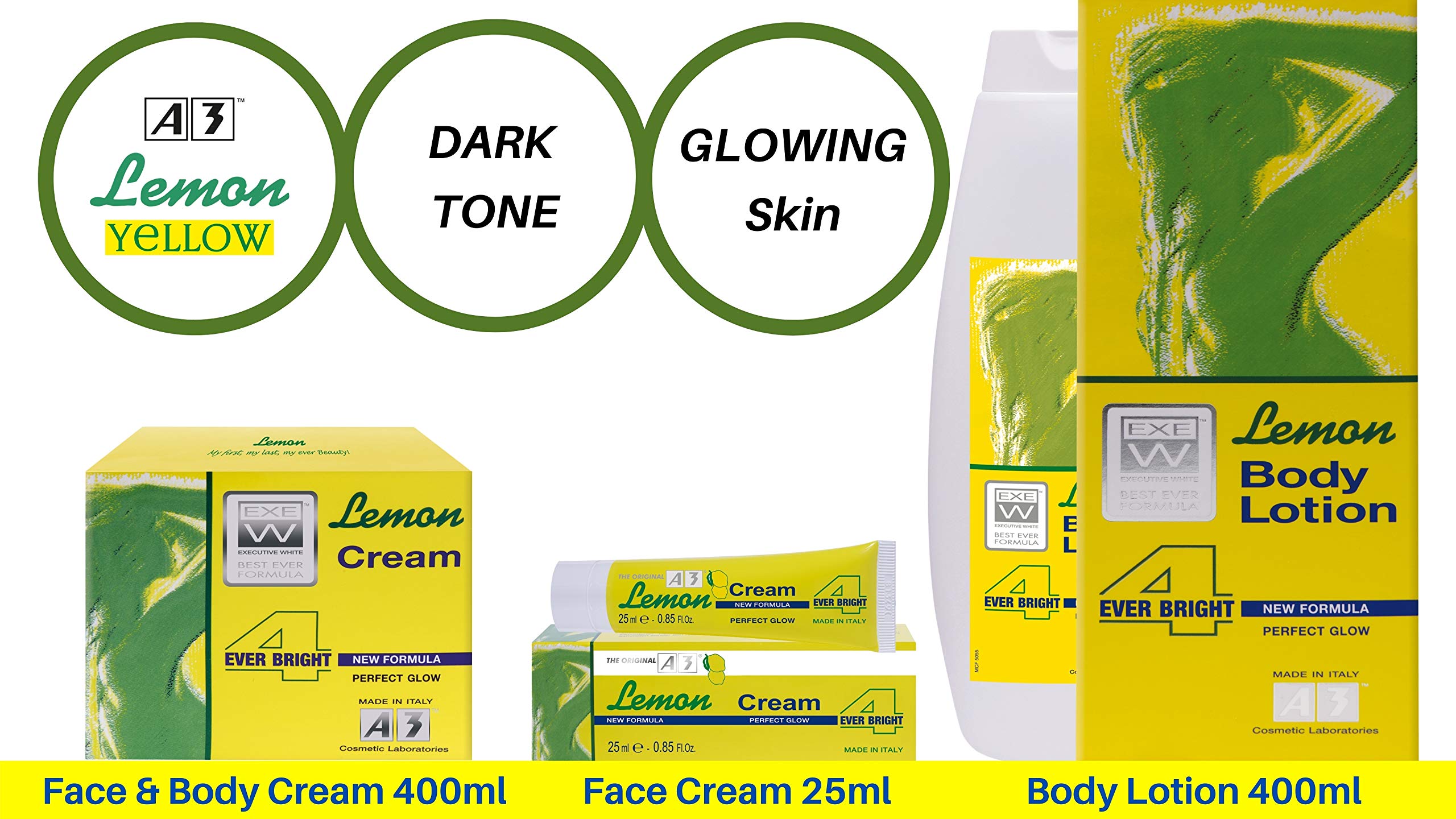 A3 Lemon Lotion 4Ever Bright - 400ml Skin Brightening & Moisturizing Cream for Face & Body - Lightens Dark Spots & Evens Skin Tone - Perfect for Daily Skincare Routine & Summer Skin Care
