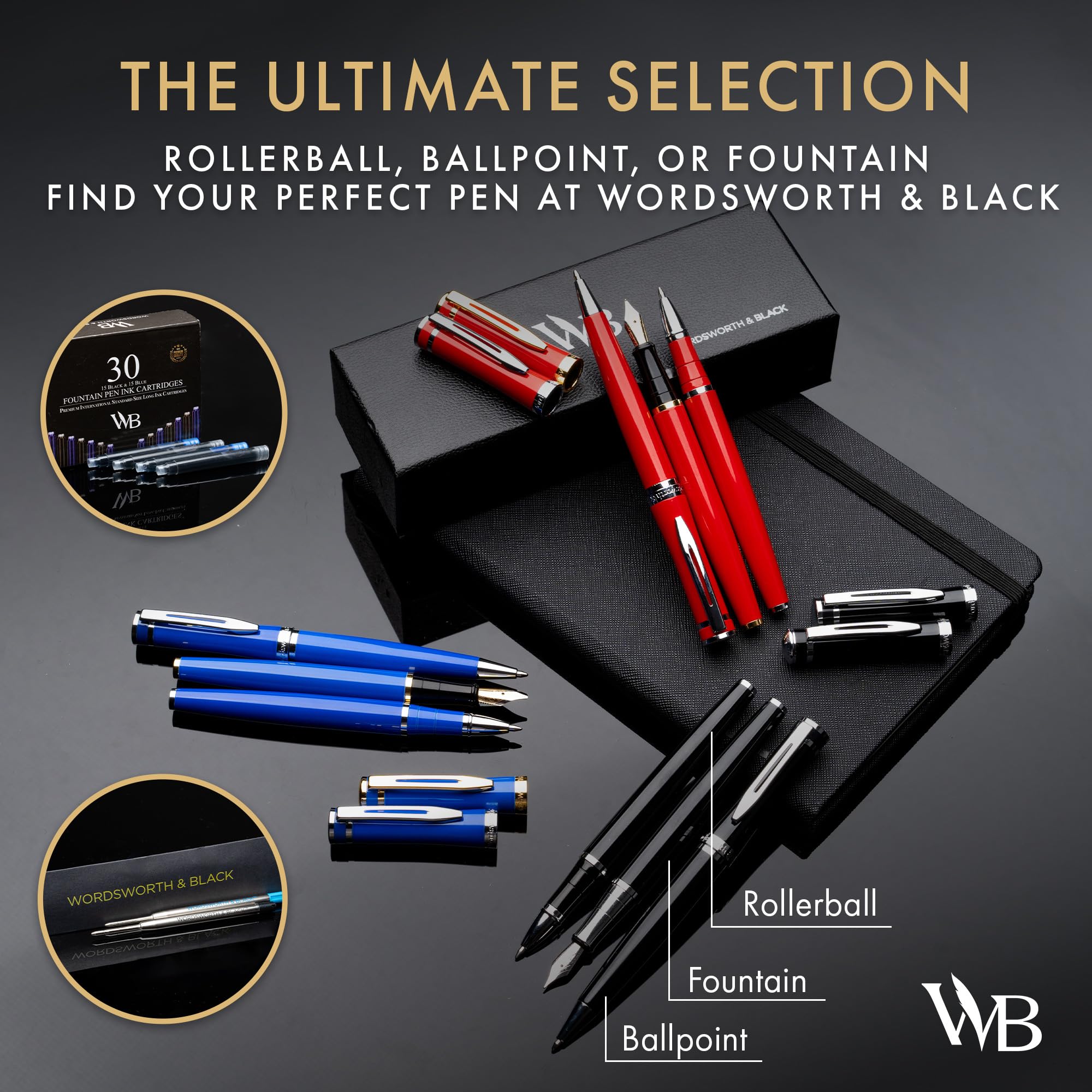 Premium Wordsworth & Black Rollerball Pen - 24K Gold Plated Luxury Writing Instrument with Silver Lacquer Finish, Refillable Ink Cartridge - Elegant Gift for Professionals, Men & Women - Perfect for Office Use, Business Meetings & Signature Documents
