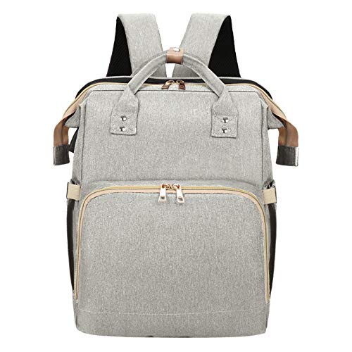 Portable Folding Crib with USB Charging Port - Large Capacity Multifunctional Mommy Diaper Backpack for Travel & Outings - Grey Baby Carrier Bag for Moms on the Go