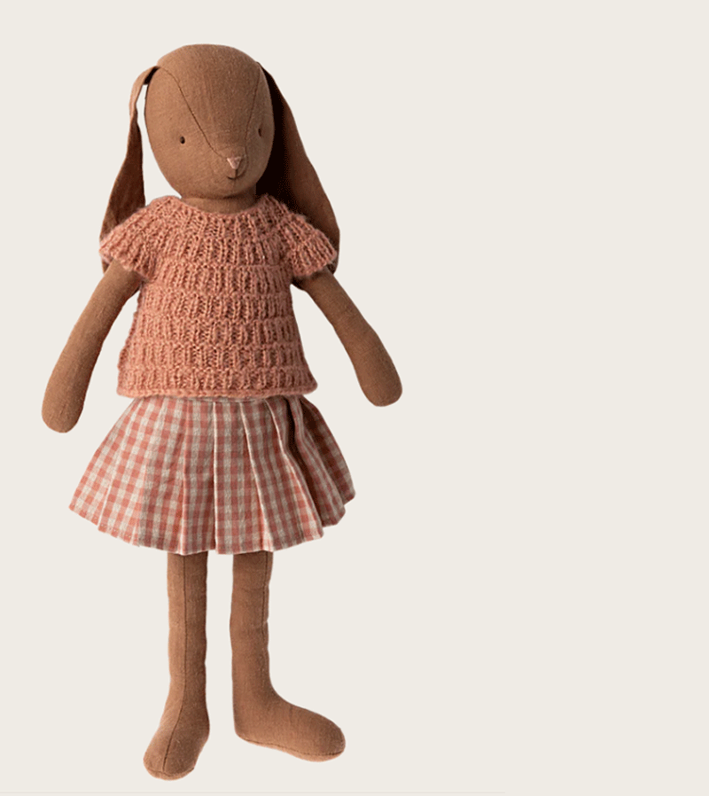 Maileg Size 3 Chocolate Brown Bunny Doll in Knit Sweater & Skirt - Perfect for Easter Decor, Nursery Room Decor & Kids Gift
