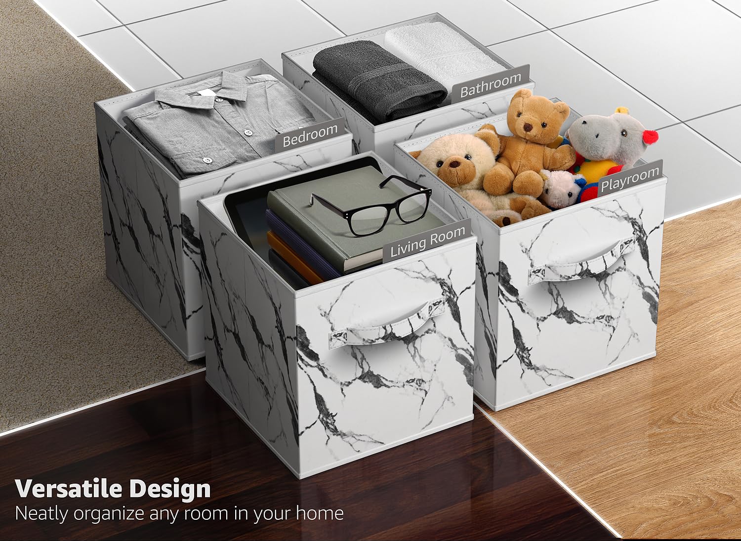 Sorbus Collapsible Storage Bins - Set of 4 White Marble Fabric Storage Cubes with Handles (11 Inch) - Foldable Organizing Baskets for Pantry, Closet, Nursery, Dorm Room & Toy Storage - Perfect for Home Organization and Space Saving Solutions